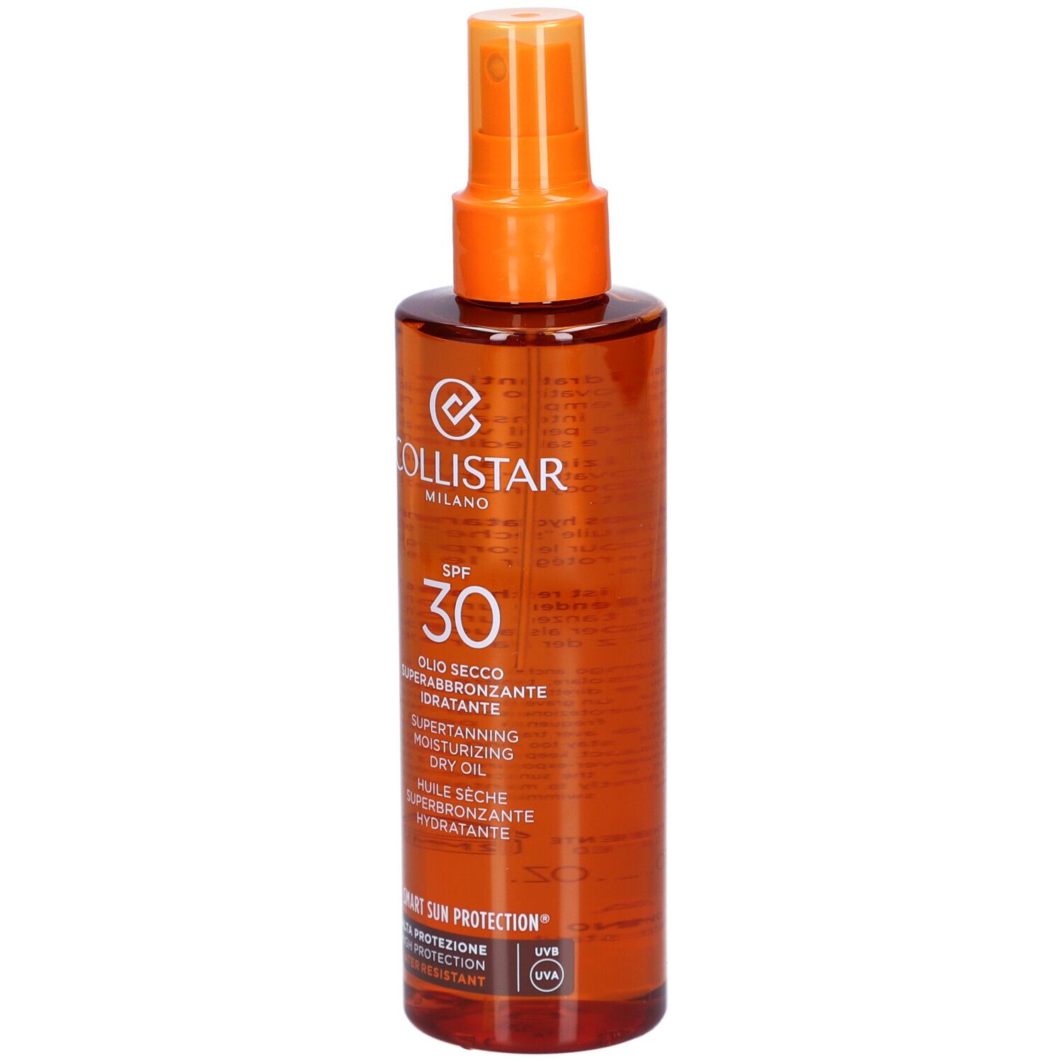Collistar Milano SPF30 huile sèche. Flacon marron avec vaporisateur. Texte: OLI SECCO SUPERABBRONZANTE IDRATANTE.