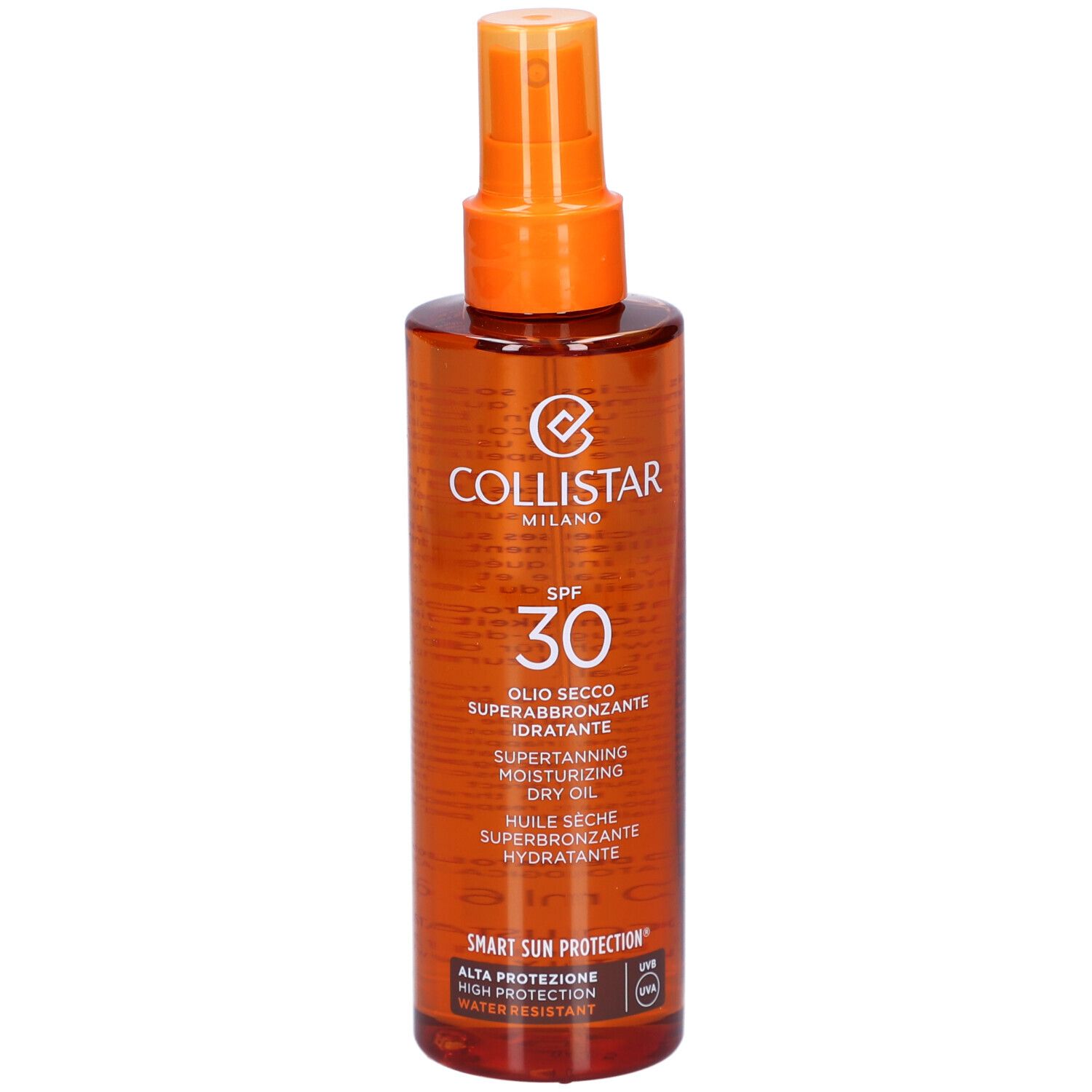 Collistar Milano SPF30 huile sèche. Flacon marron avec vaporisateur. Texte: OLI SECCO SUPERABBRONZANTE IDRATANTE.