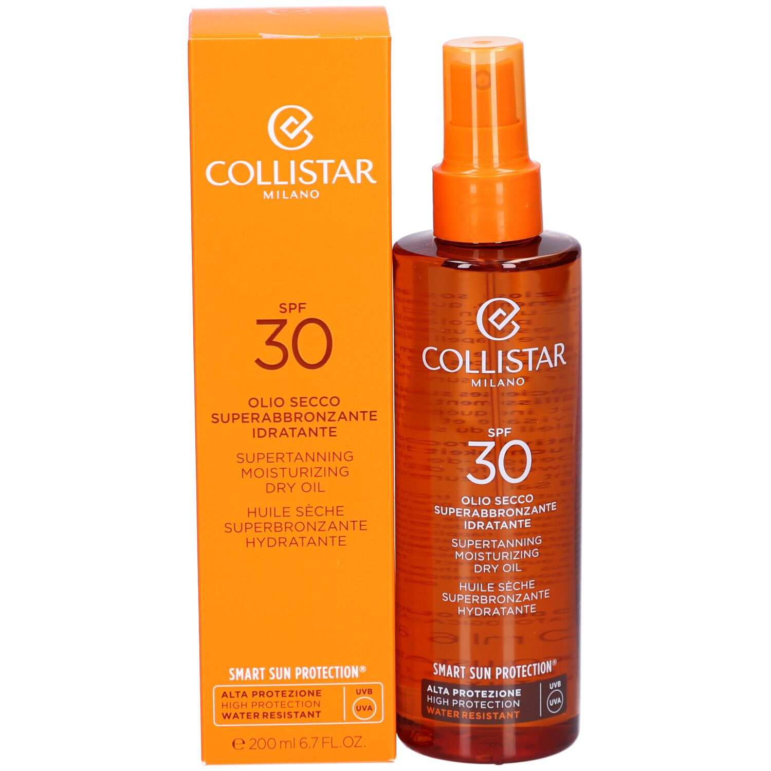 Collistar Milano SPF30 huile sèche et emballage. Boîte et flacon orange. Texte: OLI SECCO SUPERABBRONZANTE.