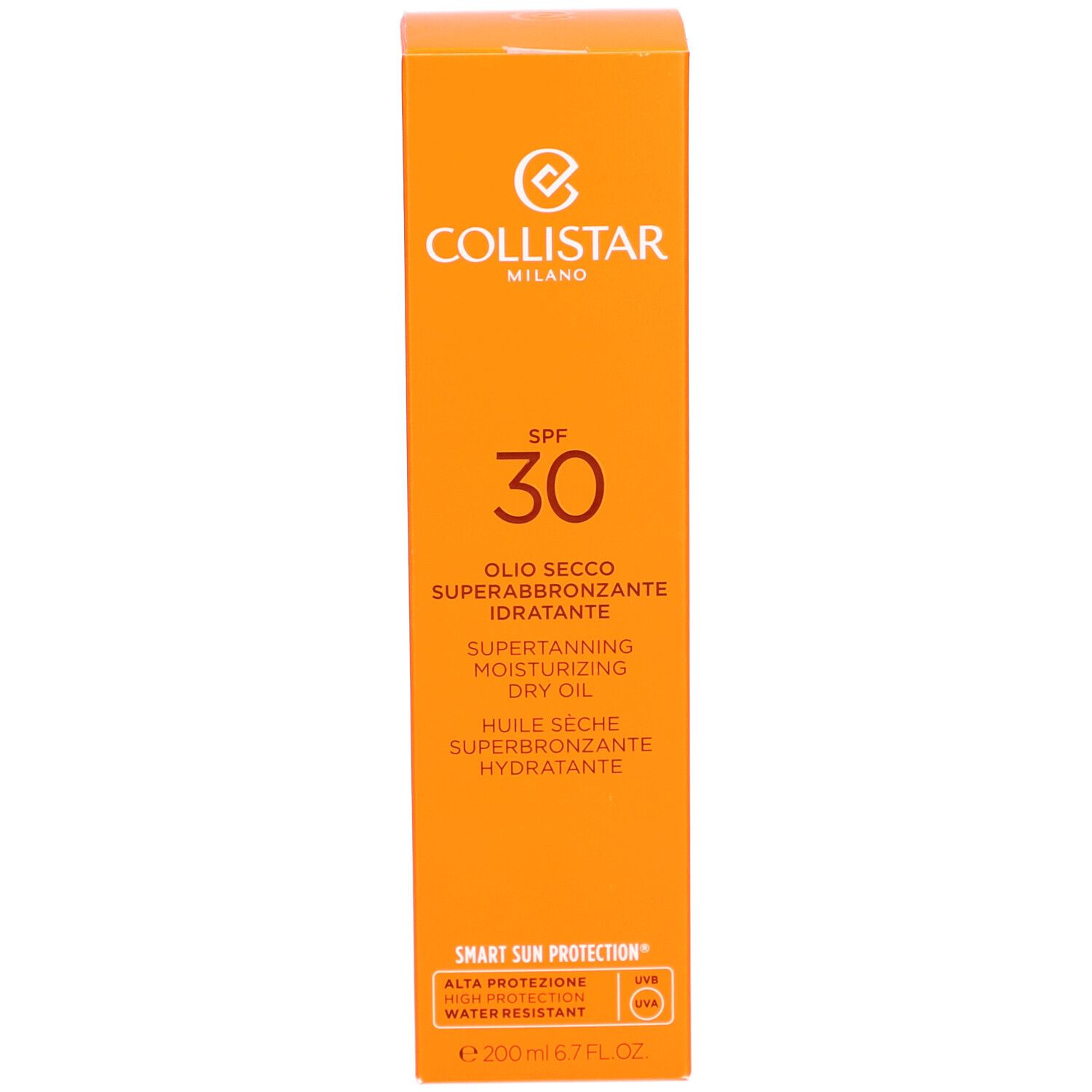 Emballage de l'huile sèche Collistar Milano SPF30. Boîte orange. Texte: OLI SECCO SUPERABBRONZANTE IDRATANTE.