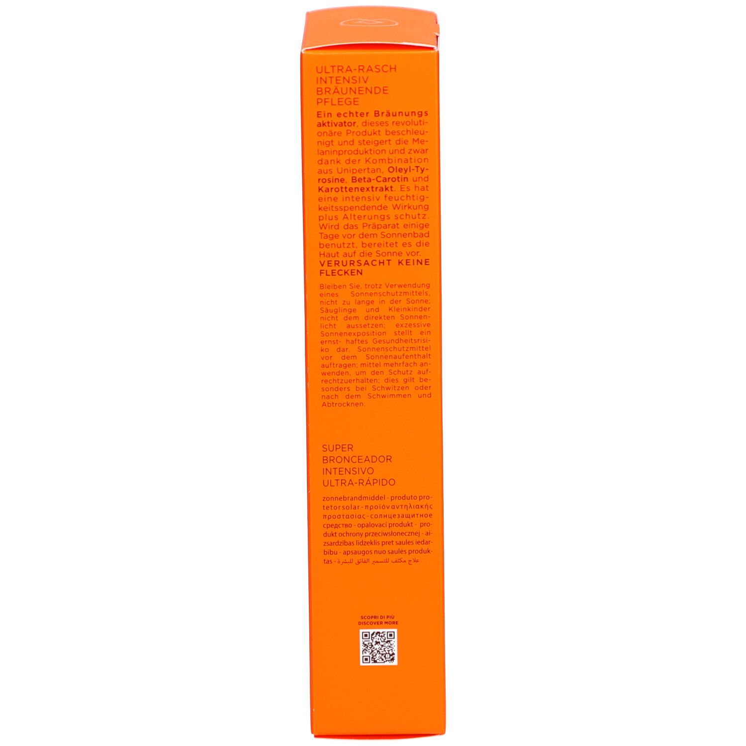 Orangefarbene Schachtel, Seitenansicht. Text in mehreren Sprachen. Enthält Informationen zum Produkt.