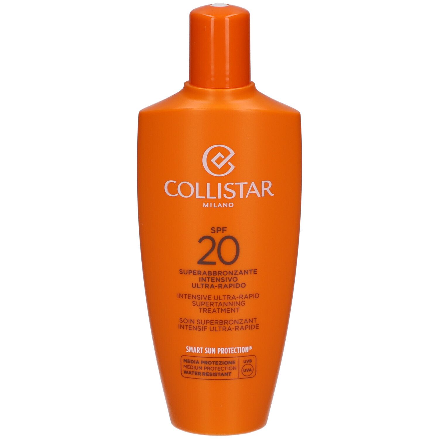 Orangefarbene Flasche mit orangefarbenem Verschluss. Aufschrift: Collistar, SPF 20, Superabbronzante Intensivo Ultra-Rapido.