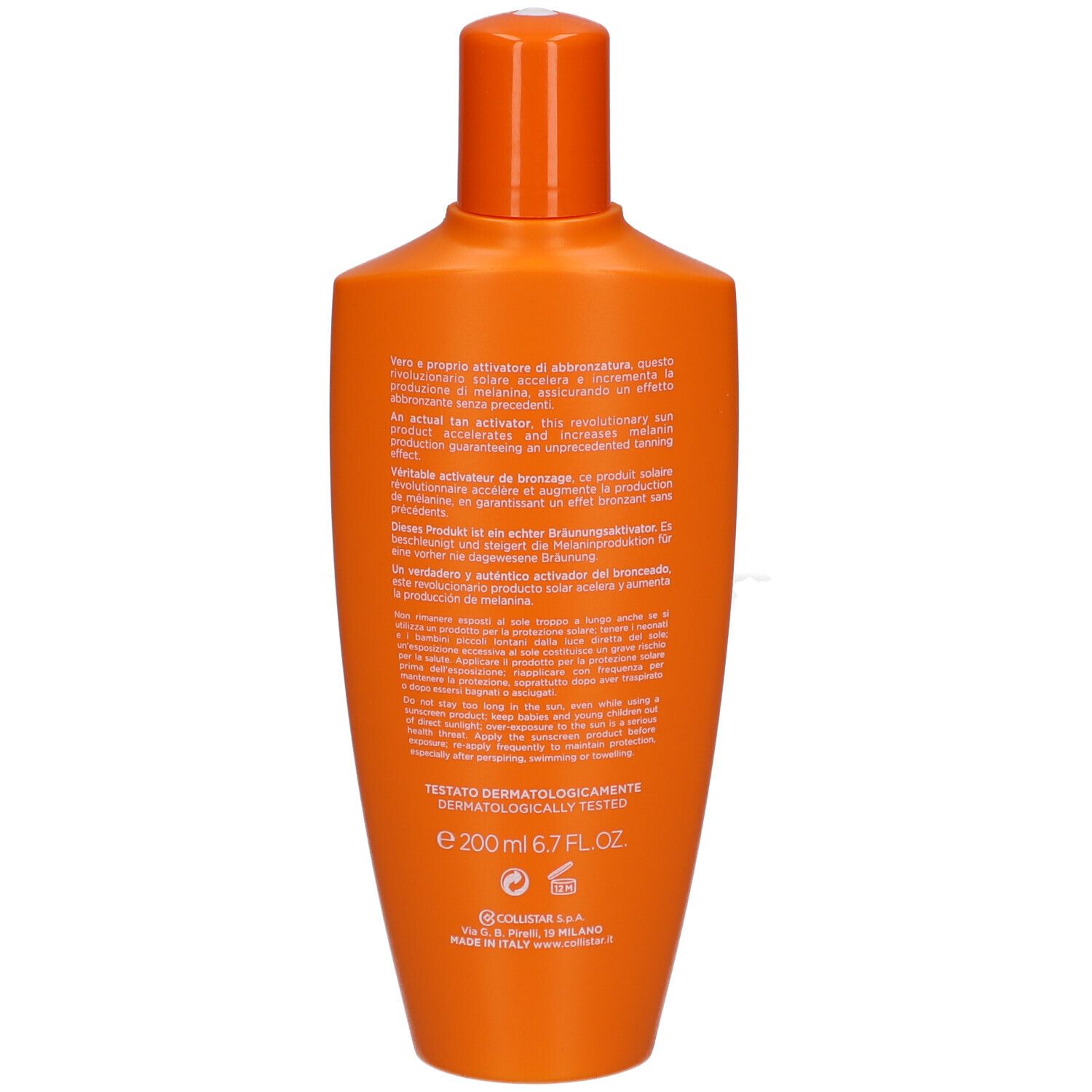 Rückseite der orangefarbenen Flasche. Text in mehreren Sprachen. Dermatologisch getestet. 200 ml.