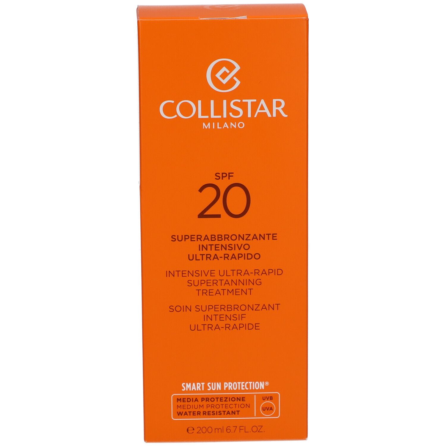 Orangefarbene Schachtel. Aufschrift: Collistar, SPF 20, Superabbronzante Intensivo Ultra-Rapido. 200 ml.