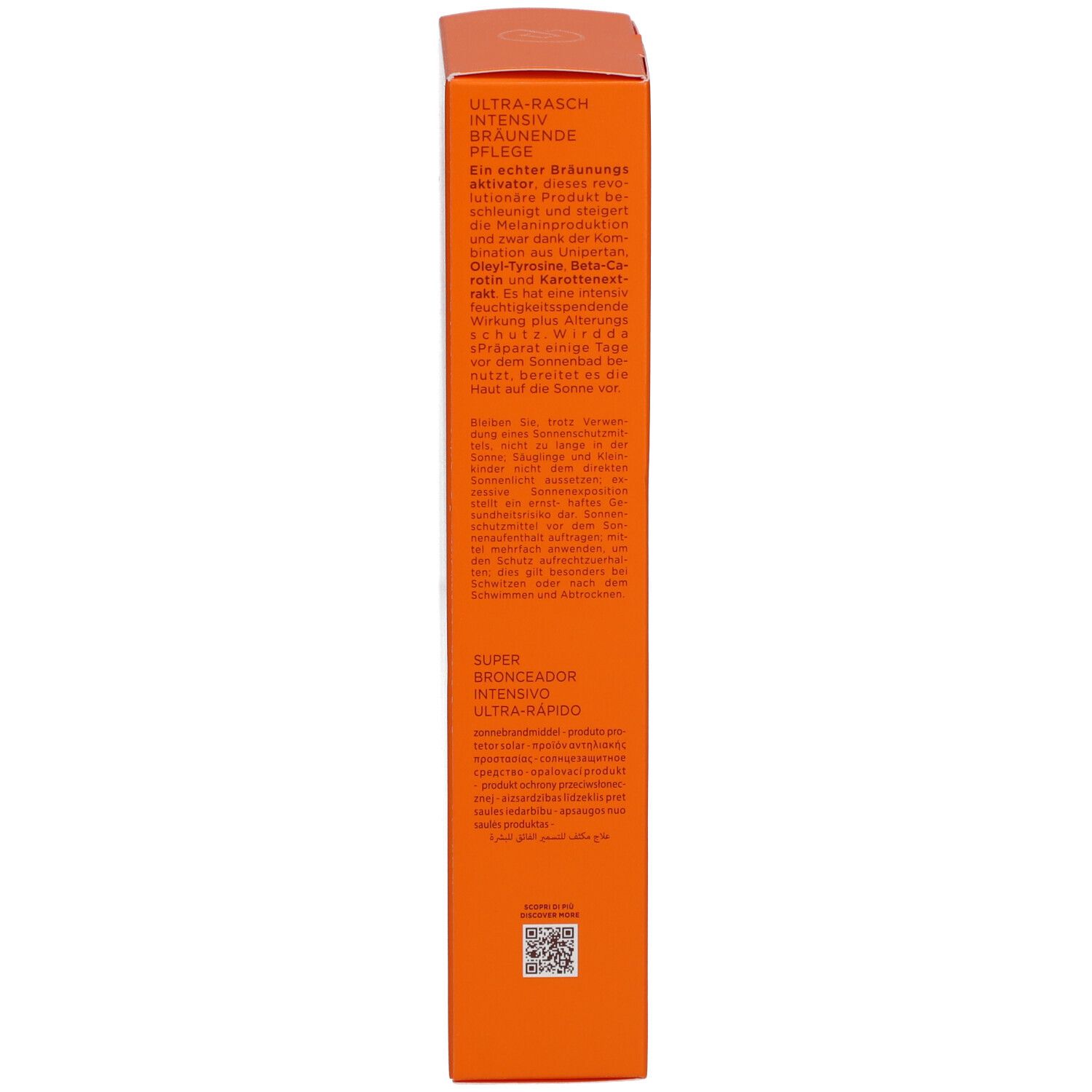 Seite der orangefarbenen Schachtel. Text in mehreren Sprachen. QR-Code. FSC-Logo.