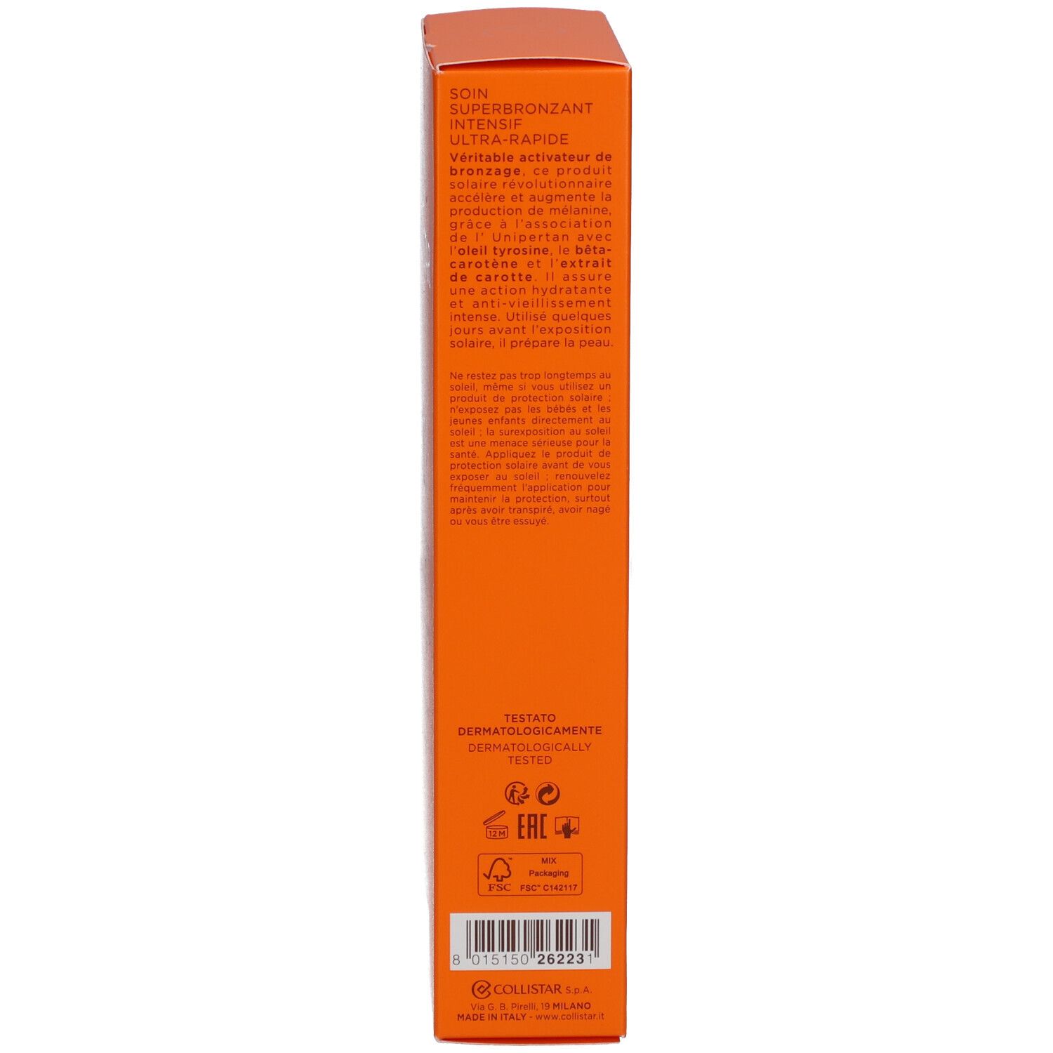 Seite der orangefarbenen Schachtel. Text in mehreren Sprachen. Dermatologisch getestet. FSC-Logo.