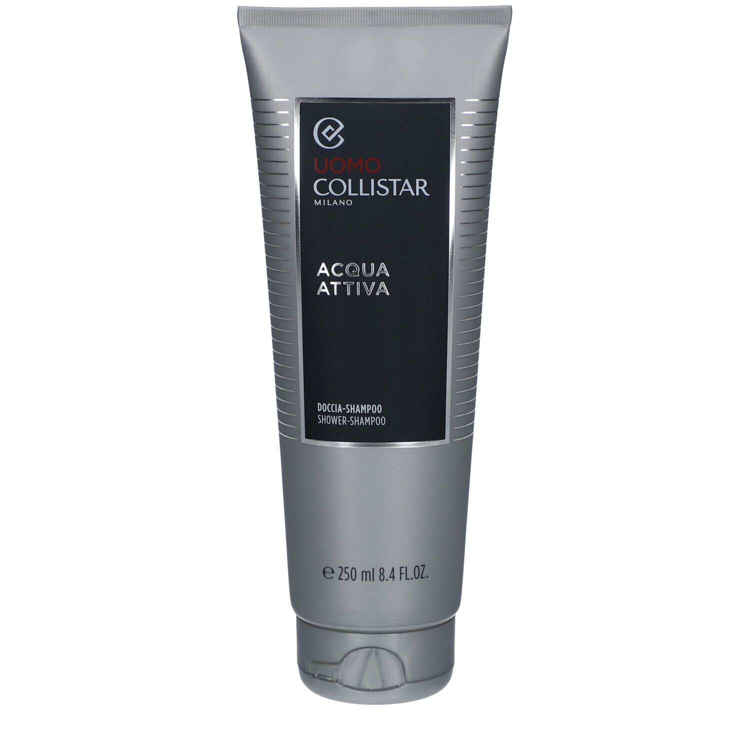 Silberfarbene Tube mit schwarzem Etikett. Aufschrift: Collistar, Acqua Attiva, Dusch-Shampoo. Unten: 250 ml.