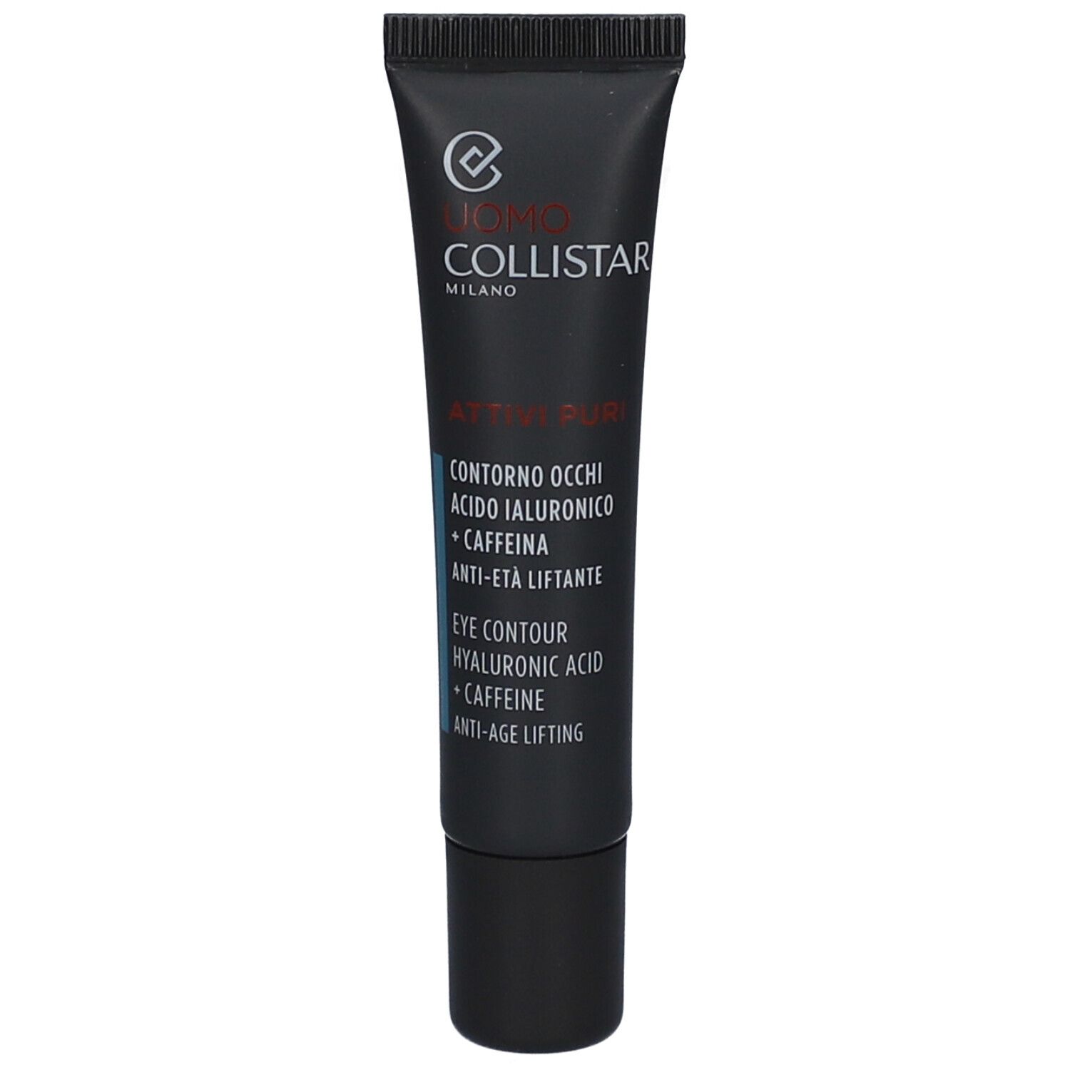 Schwarze Tube mit Augencreme. Text: Contorno Occhi, Acido Ialuronico + Caffeina, Anti-Eta Liftante. Marke: Collistar.