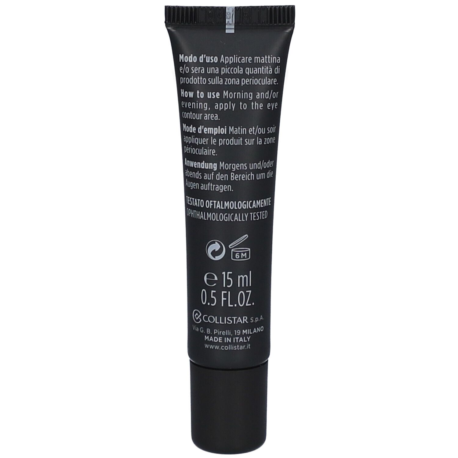 Rückseite der schwarzen Tube. Text: Anwendungshinweise in mehreren Sprachen. Volumen: 15 ml. Marke: Collistar. Hergestellt in Italien.