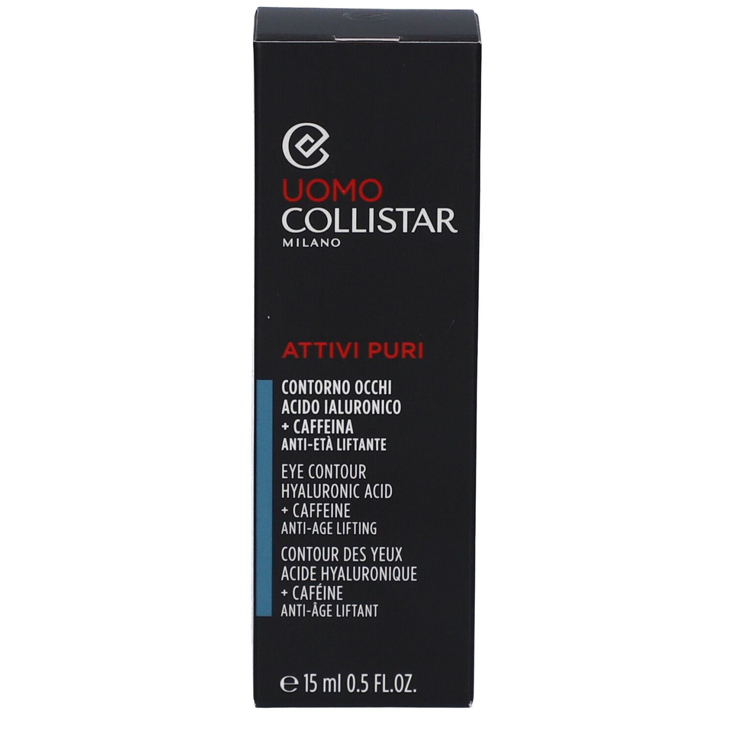 Schwarze Verpackung. Text: Uomo Collistar, Attivi Puri, Contorno Occhi, Acido Ialuronico + Caffeina, Anti-Eta Liftante. 15 ml.
