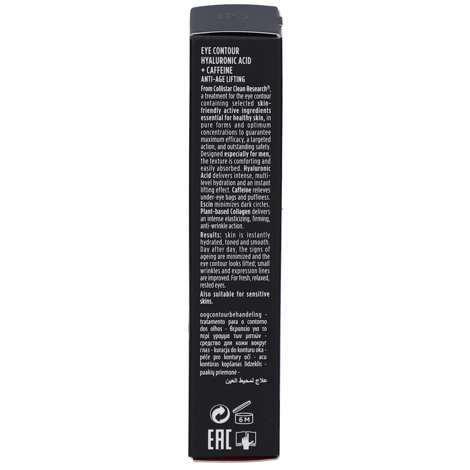 Schwarze Verpackung. Text: Eye Contour, Hyaluronic Acid + Caffeine, Anti-Age Lifting. Beschreibung des Produkts. Zertifizierungen.