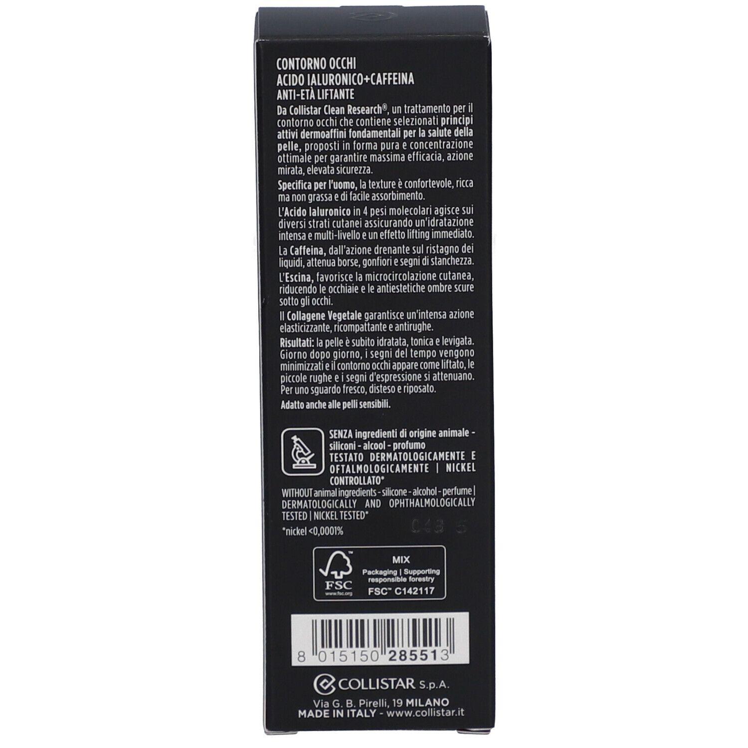 Rückseite der schwarzen Verpackung. Text: Inhaltsstoffe, Anwendungshinweise, Zertifizierungen. Marke: Collistar. Hergestellt in Italien.