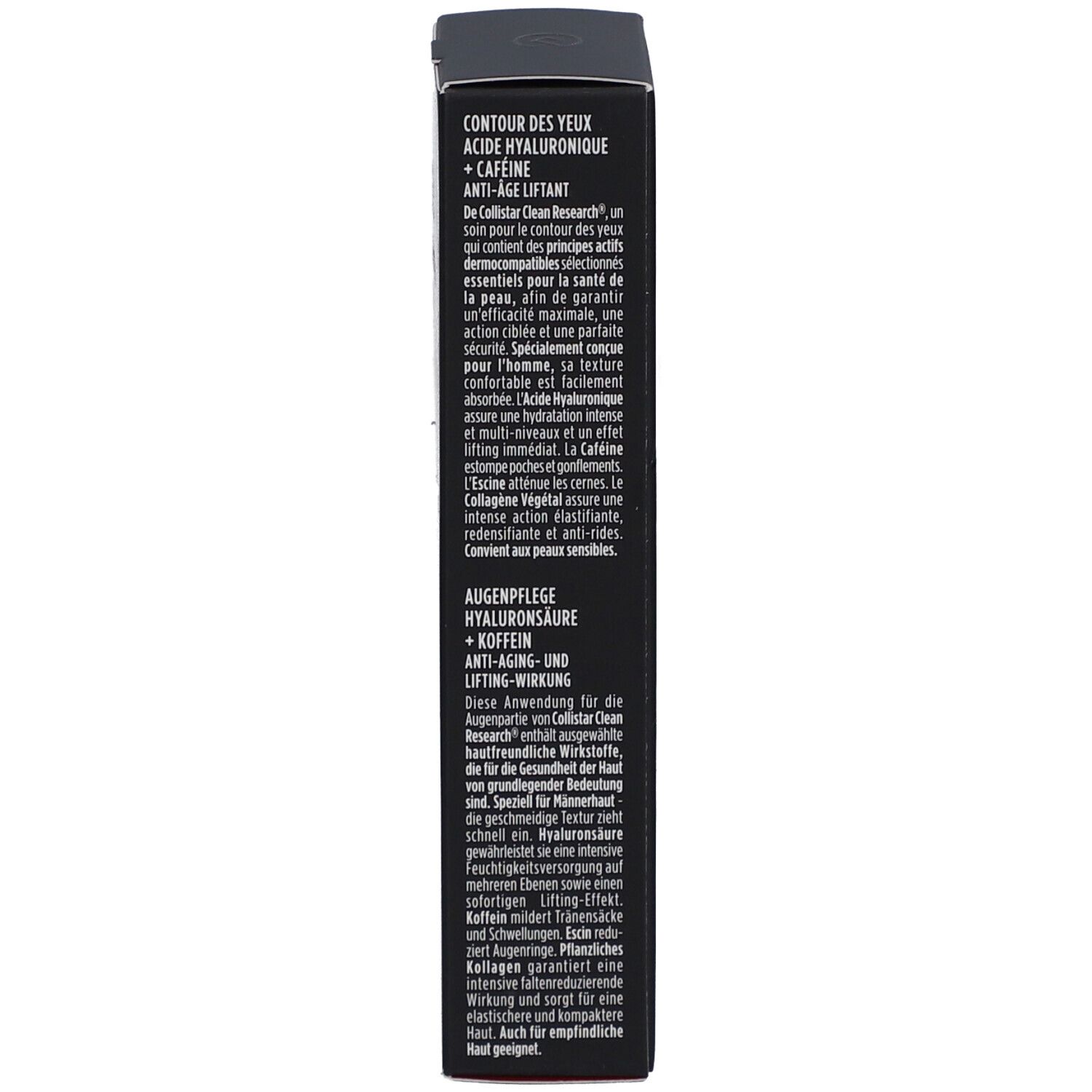 Rückseite der schwarzen Verpackung. Text: Augenpflege, Hyaluronsäure + Koffein, Anti-Aging-Wirkung. Beschreibung. Marke: Collistar.