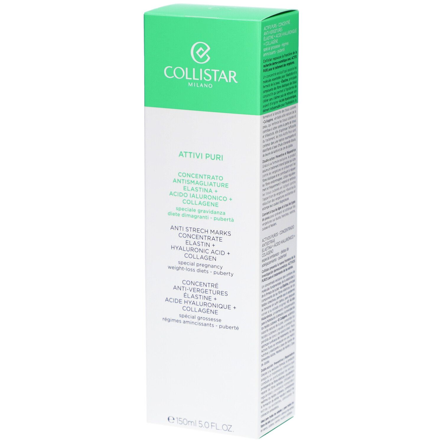 Collistar-Verpackung. Grün-weiße Schachtel mit Produktnamen und Inhaltsstoffen. Text in Deutsch, Italienisch, Niederländisch, Französisch.