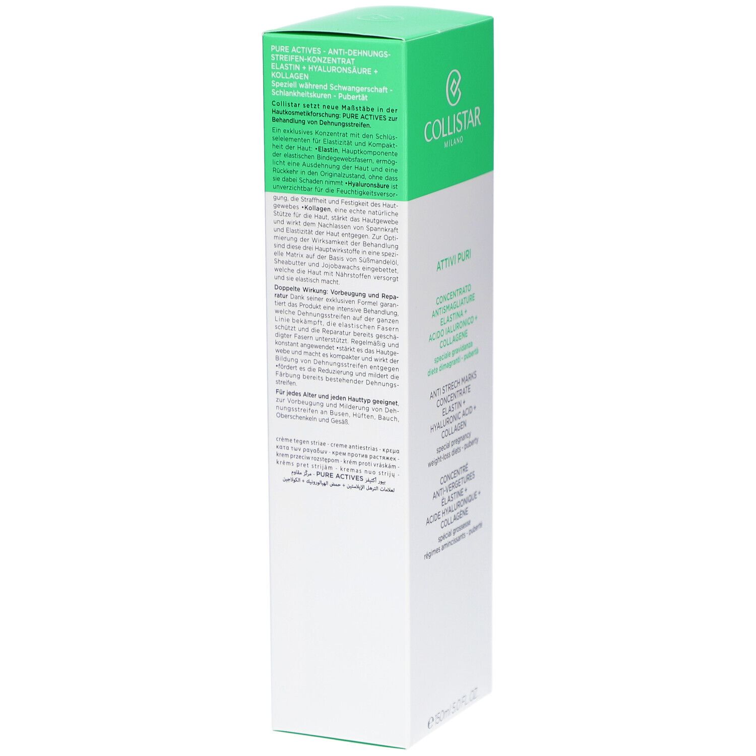 Collistar-Verpackung. Grün-weiße Schachtel mit Produktinformationen. Text in Deutsch, Italienisch, Niederländisch, Französisch.