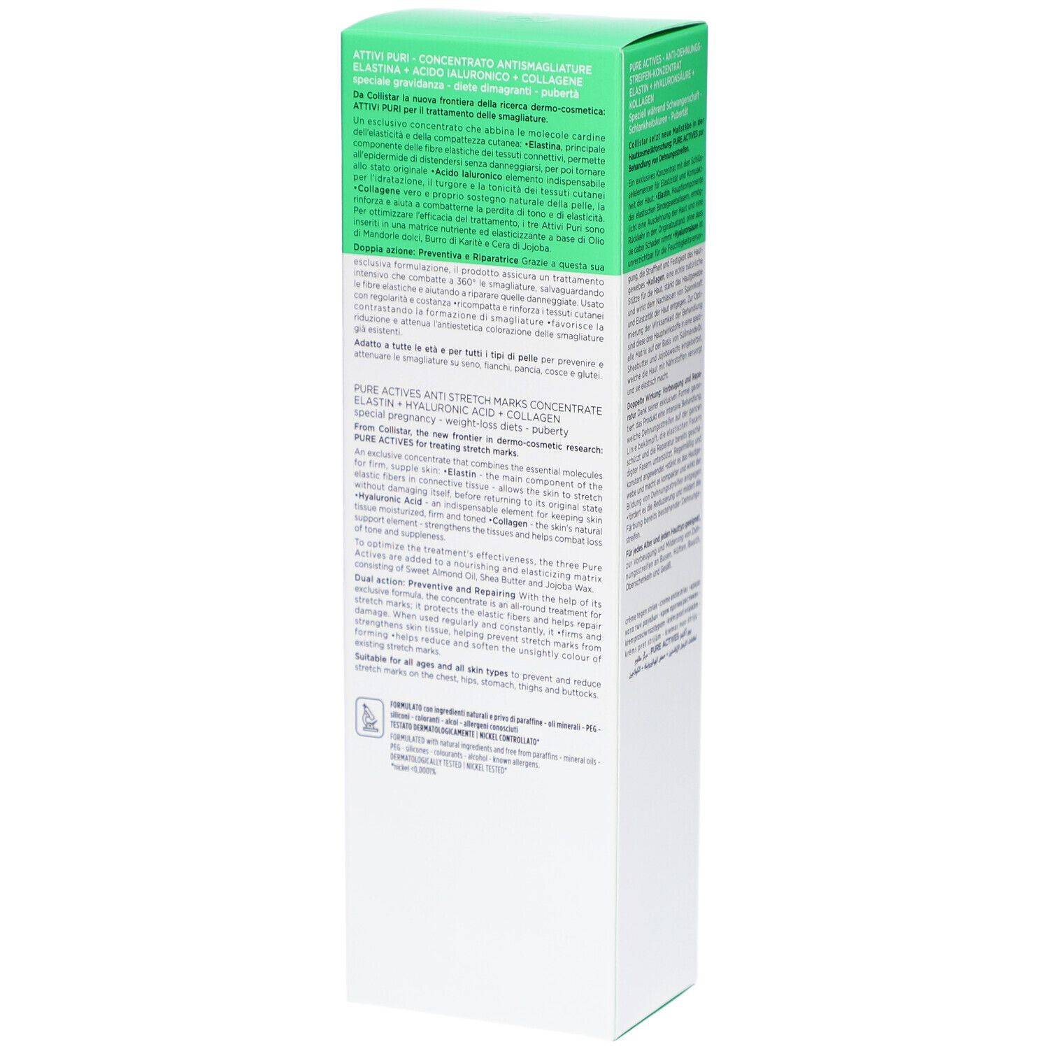 Collistar-Verpackung. Grün-weiße Schachtel mit Produktinformationen. Text in Deutsch, Italienisch, Niederländisch, Französisch.