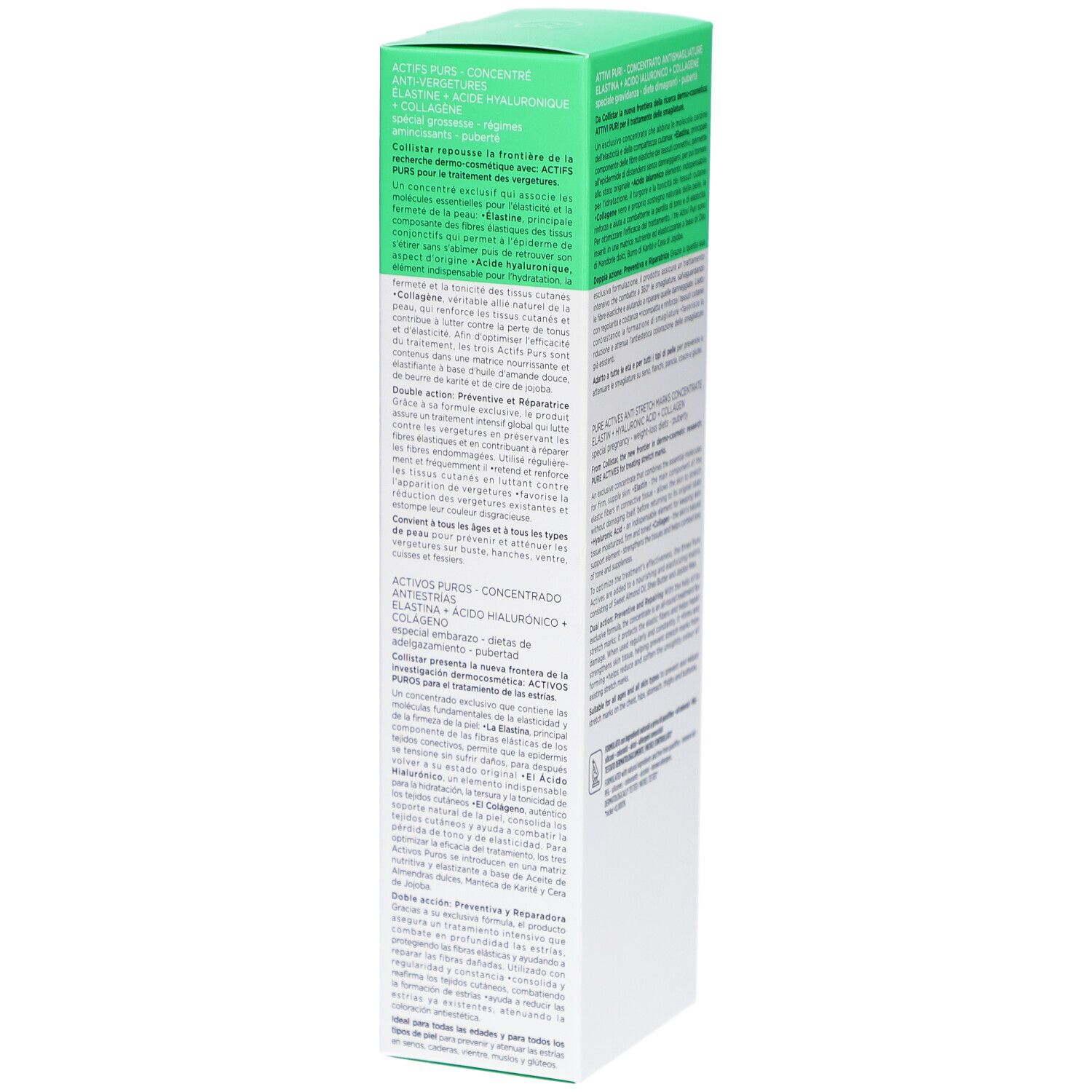 Collistar-Verpackung. Grün-weiße Schachtel mit Produktinformationen. Text in Deutsch, Italienisch, Niederländisch, Französisch.