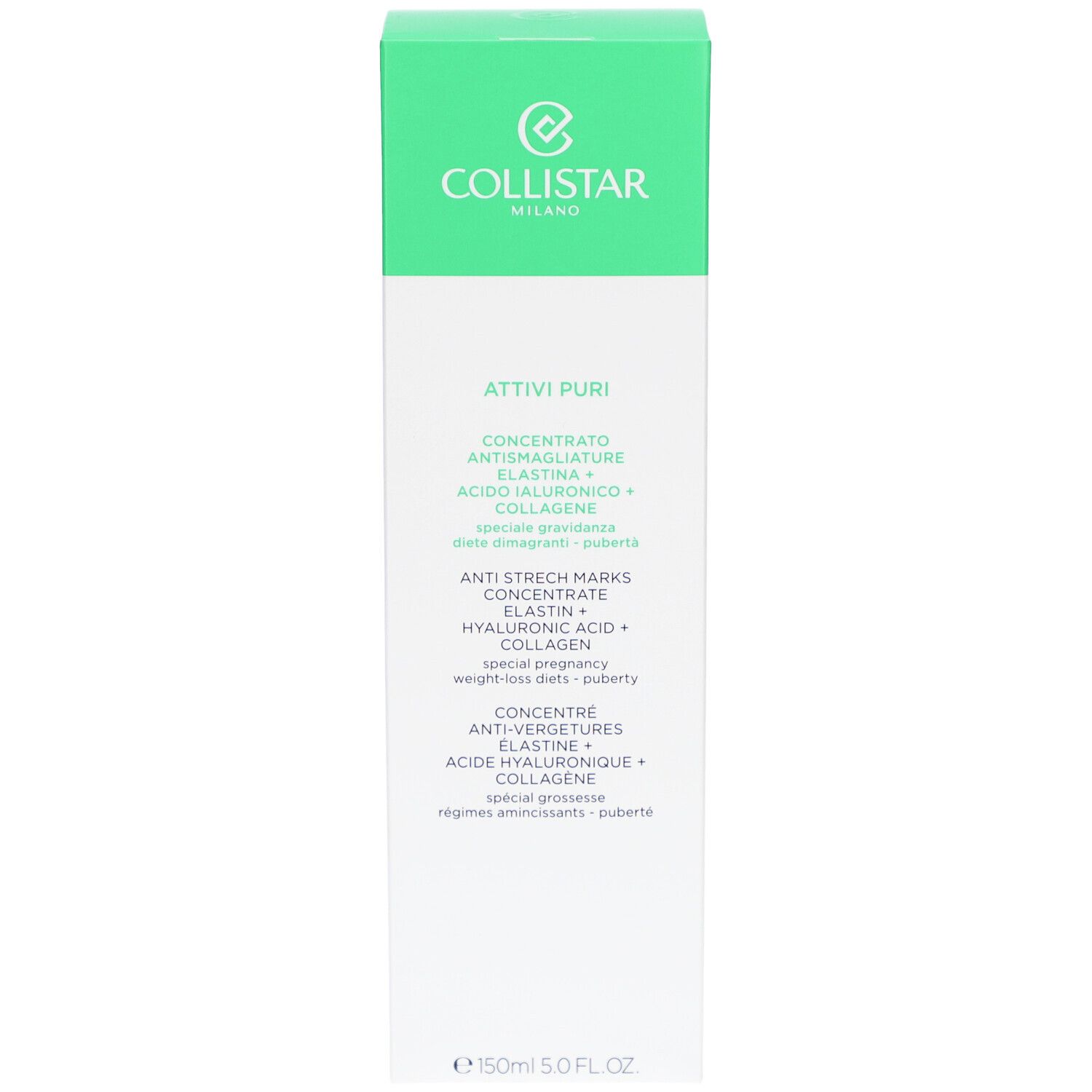 Collistar-Verpackung. Grün-weiße Schachtel mit Produktnamen und Inhaltsstoffen. Text in Deutsch, Italienisch, Niederländisch, Französisch.