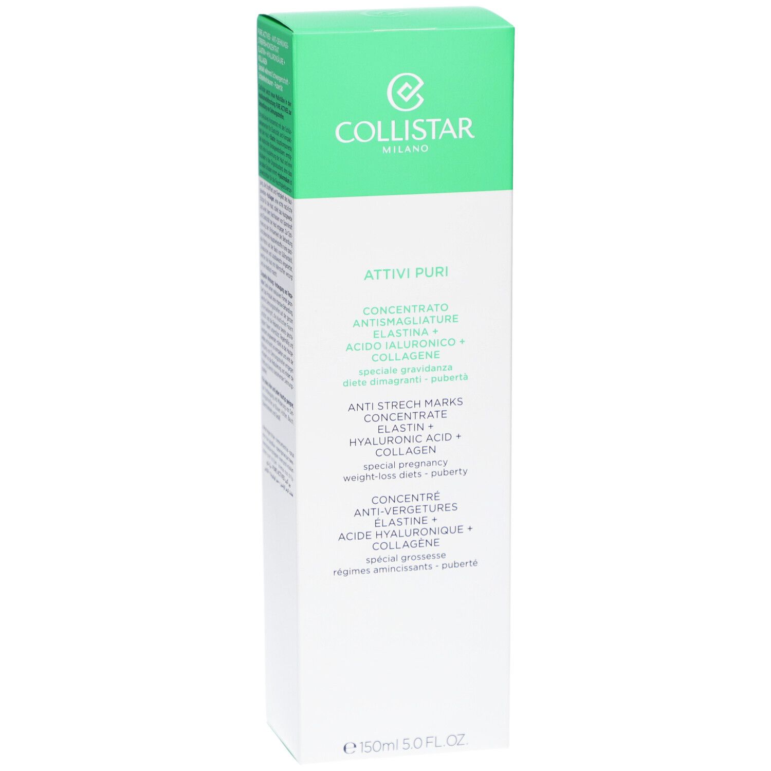 Collistar-Verpackung. Grün-weiße Schachtel mit Produktnamen und Inhaltsstoffen. Text in Deutsch, Italienisch, Niederländisch, Französisch.