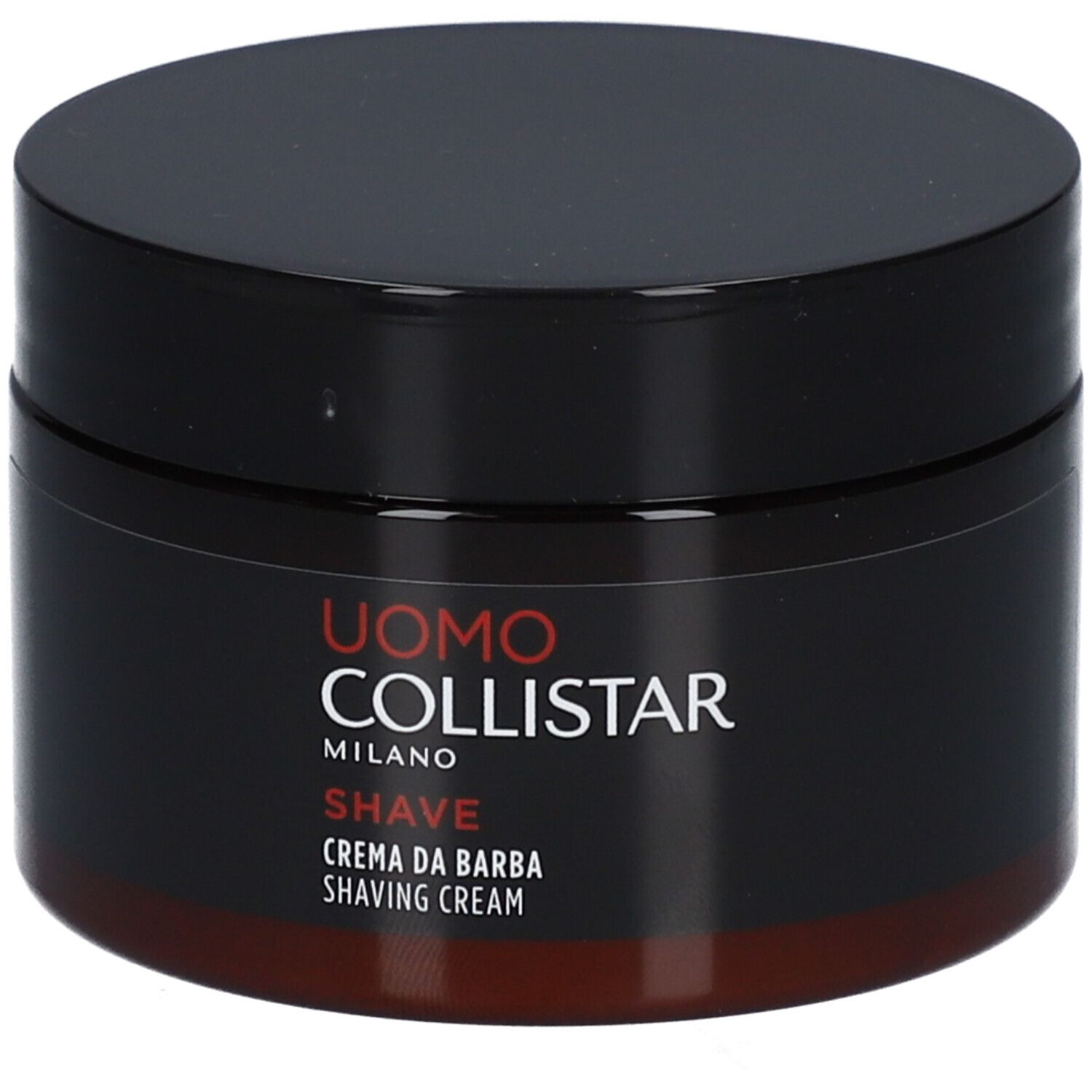 Dunkelbrauner Tiegel mit schwarzem Deckel. Aufschrift: Uomo Collistar Milano, Shave, Crema da Barba, Shaving Cream.