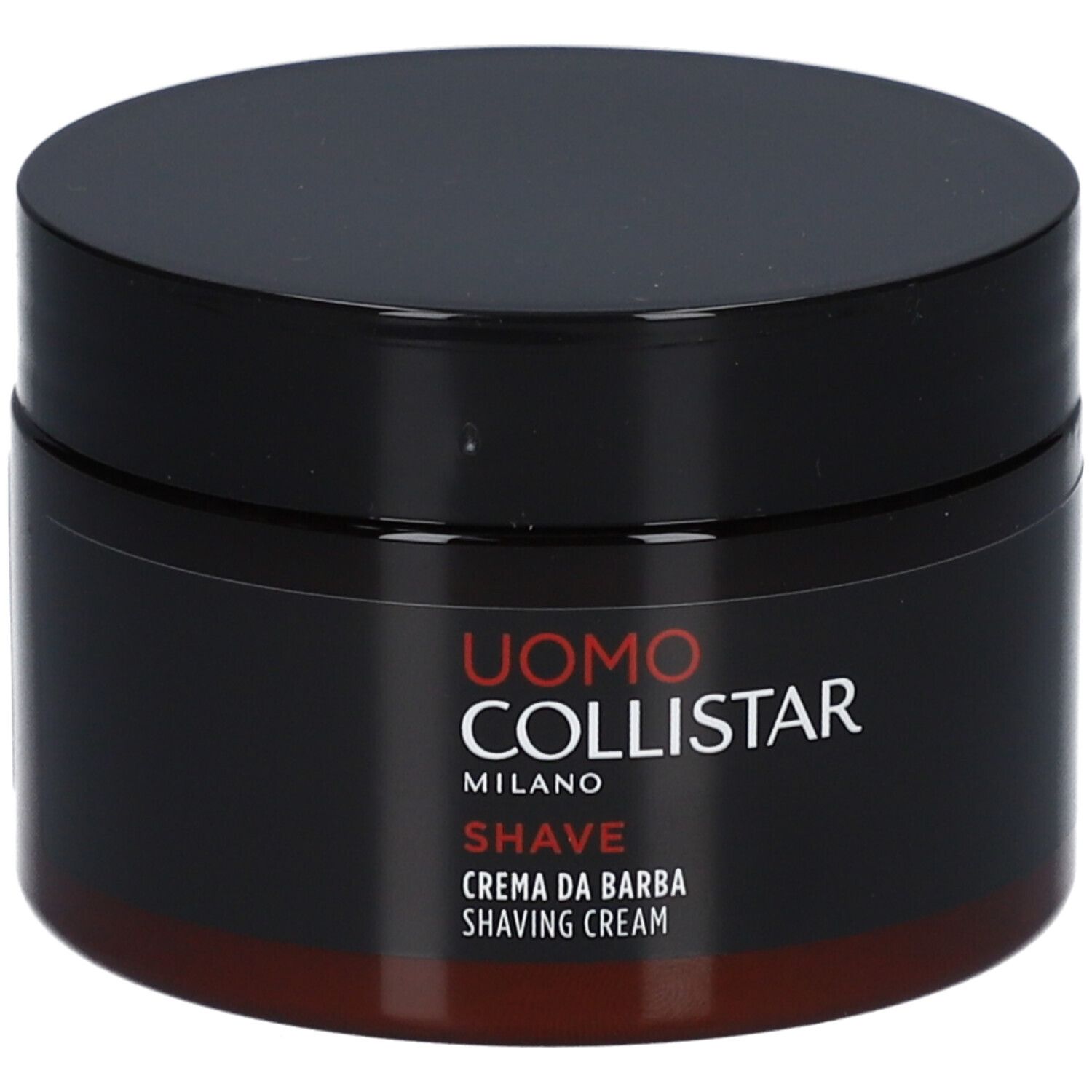 Dunkelbrauner Tiegel mit schwarzem Deckel. Aufschrift: Uomo Collistar Milano, Shave, Crema da Barba, Shaving Cream.