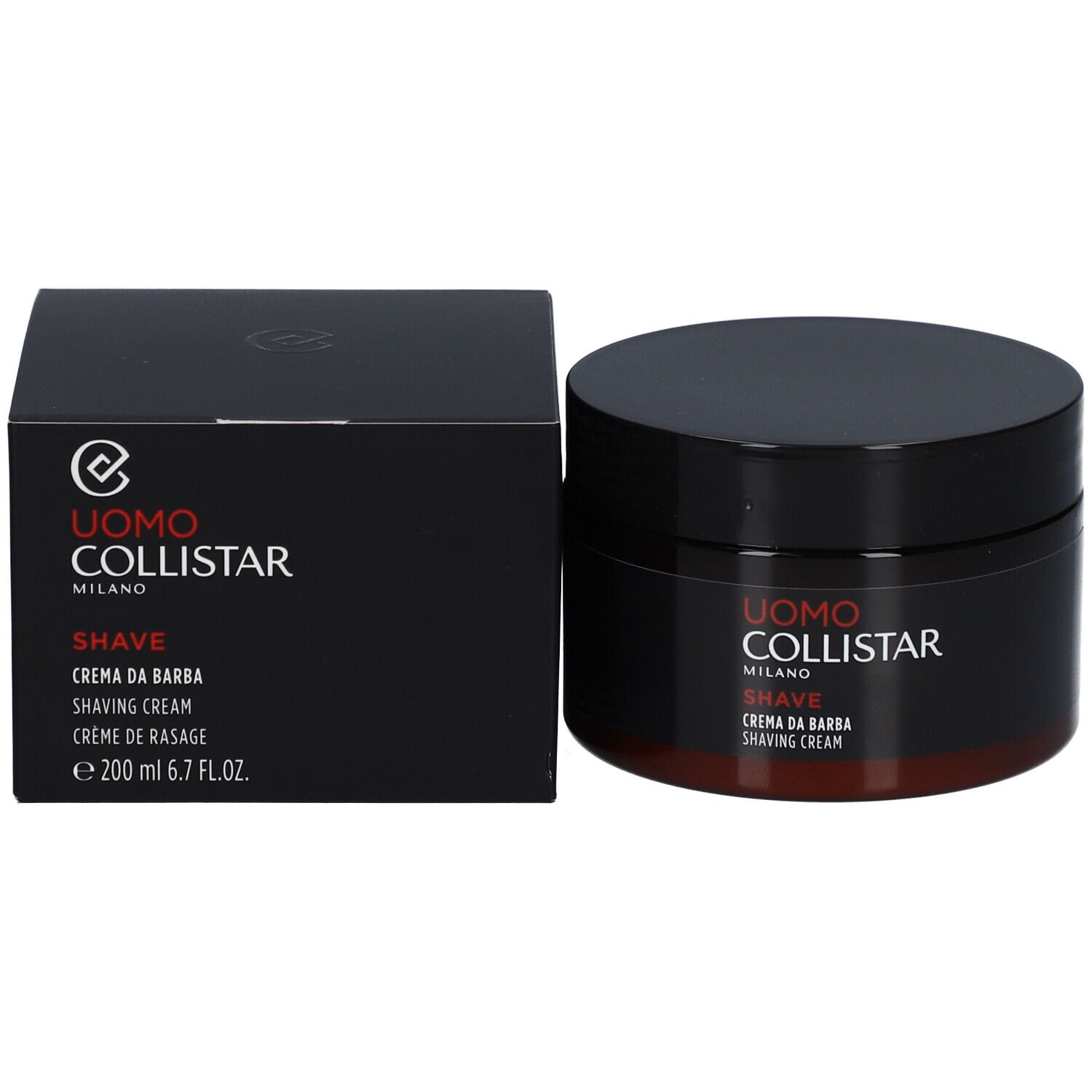 Dunkelbrauner Tiegel mit schwarzem Deckel und schwarzer Schachtel. Aufschrift: Uomo Collistar Milano, Shave, Crème de Rasage.