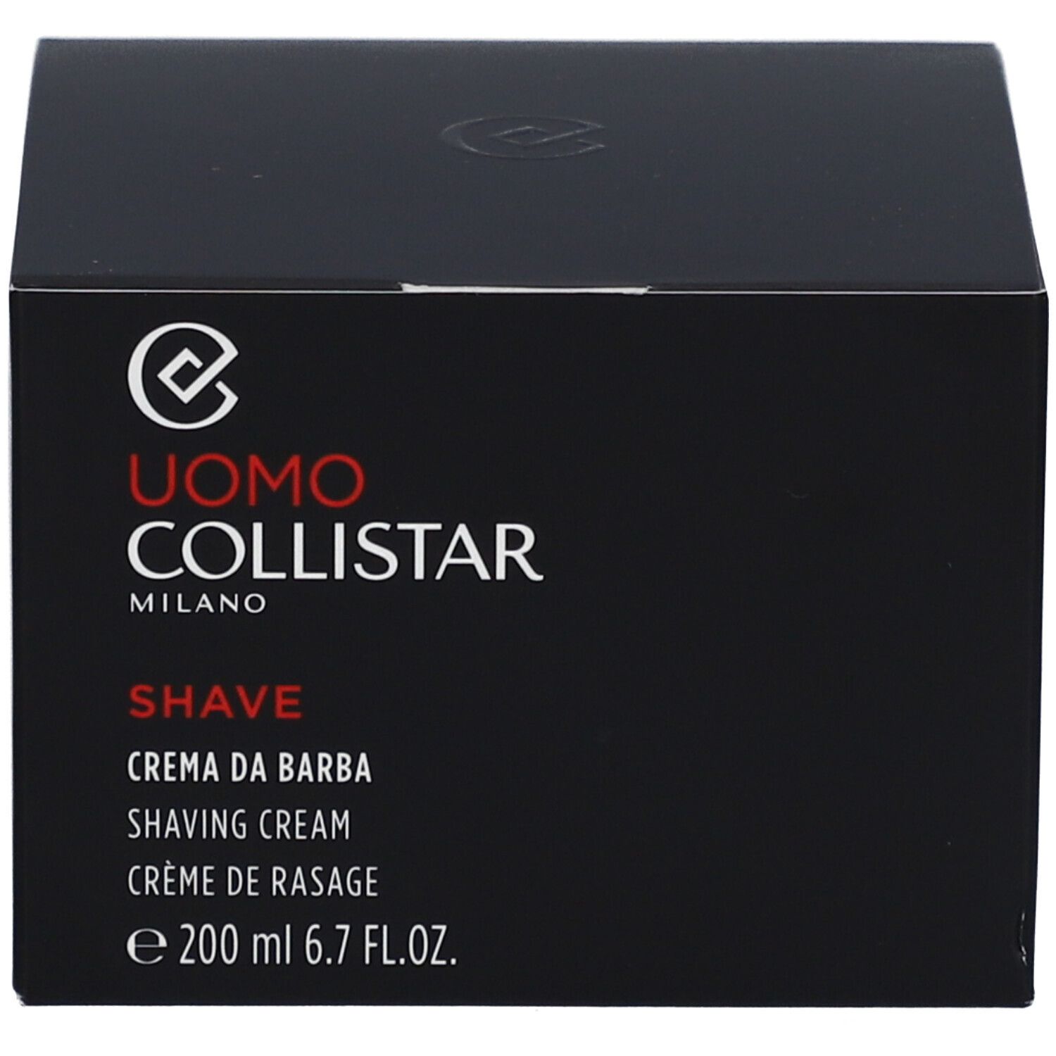 Schwarze Schachtel mit Aufschrift: Uomo Collistar Milano, Shave, Crème de Rasage, e 200 ml 6.7 FL.OZ.
