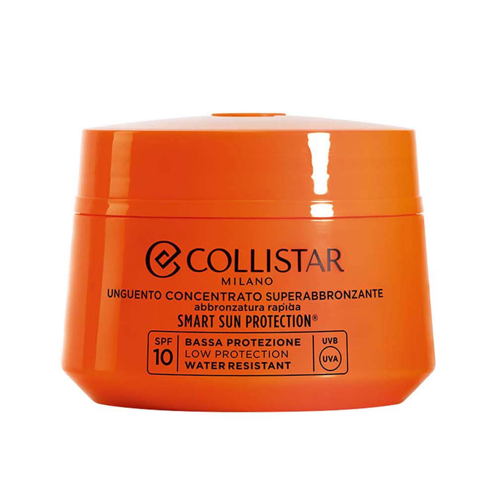 Oranje pot met deksel. Opschrift: Collistar, Unguento Concentrato Superabbronzante, SPF 10.