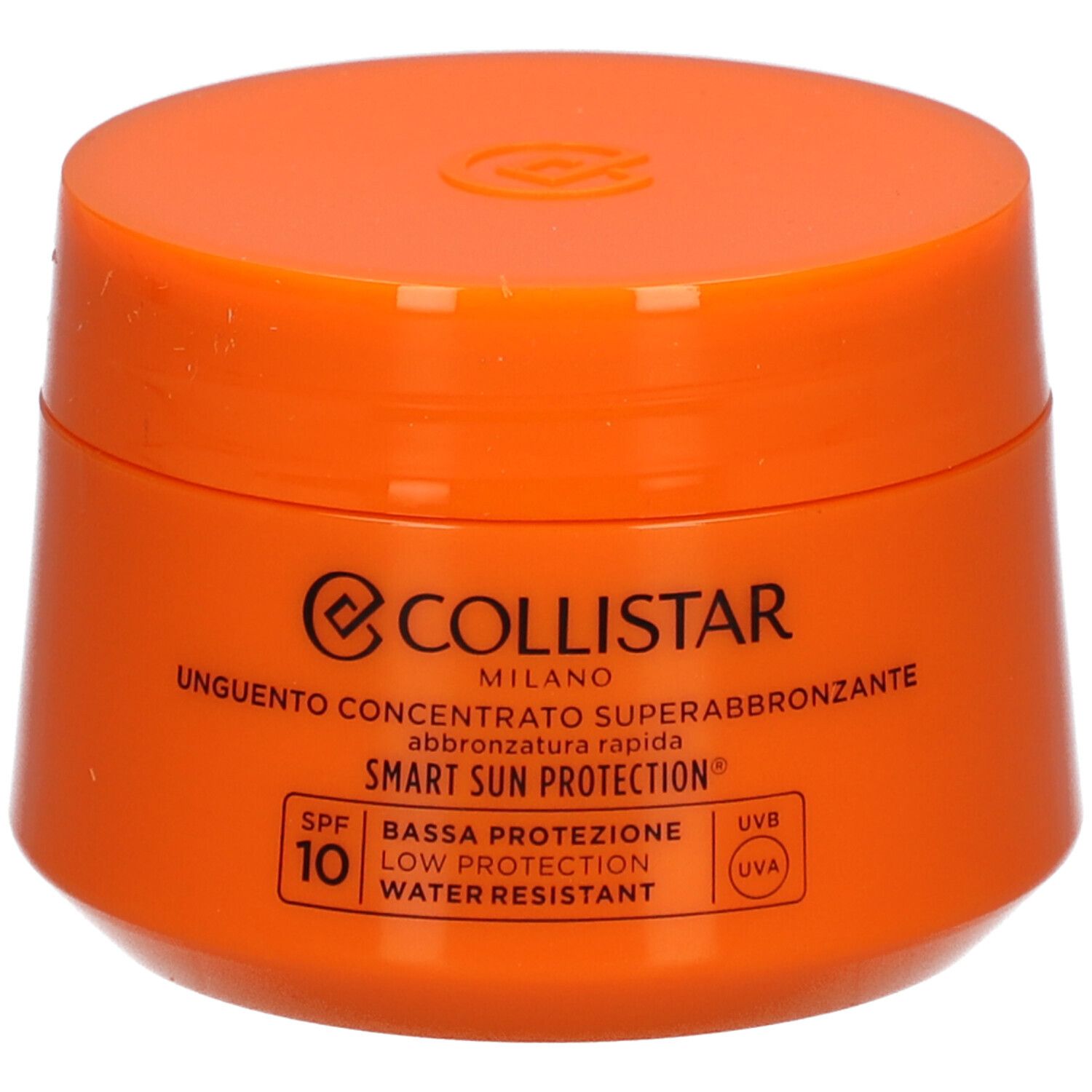 Oranje pot met deksel. Opschrift: Collistar, Unguento Concentrato Superabbronzante, SPF 10.