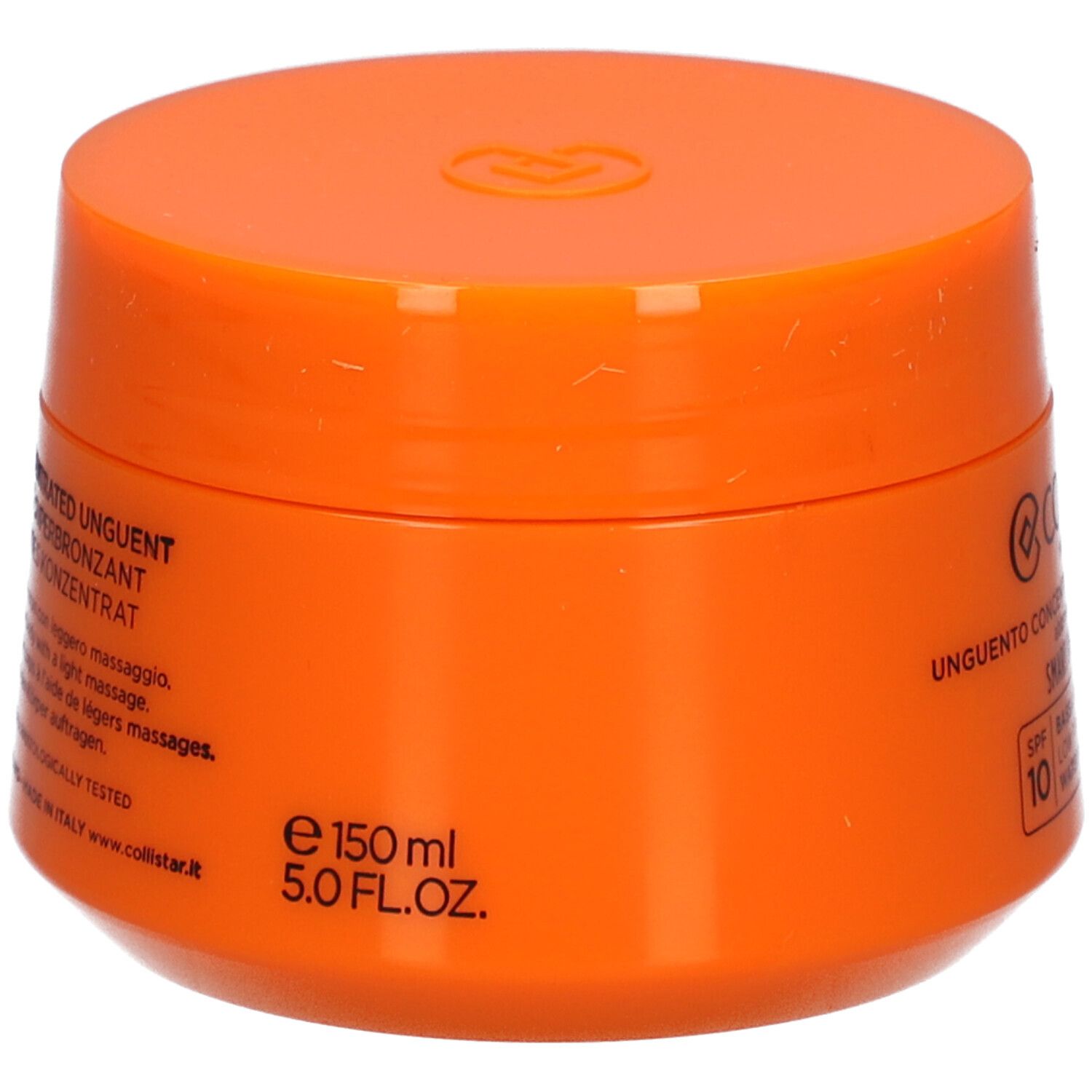 Oranje pot met deksel. Opschrift: Collistar, Unguento Concentrato Superabbronzante, 150 ml, 5.0 FL.OZ.