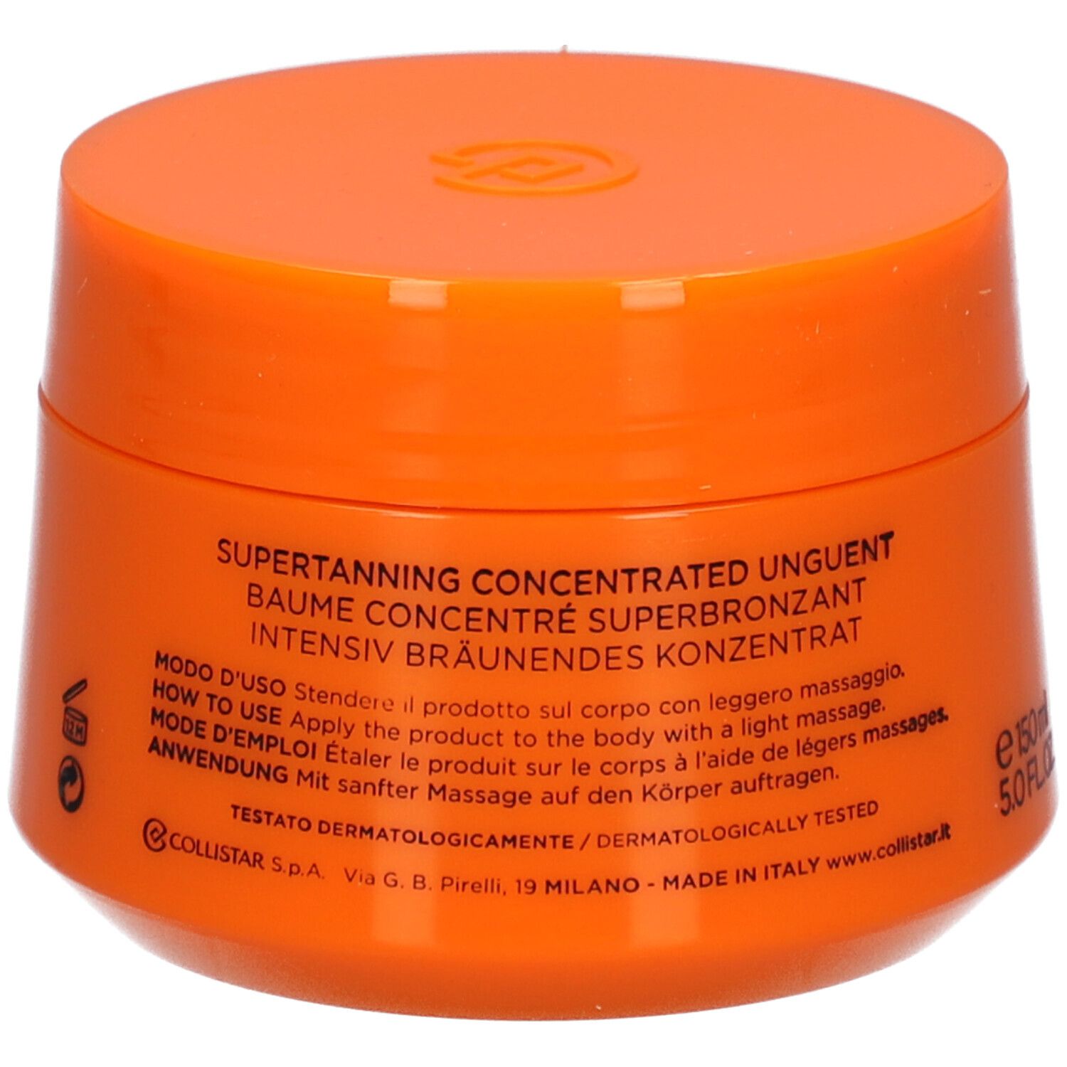 Oranje pot met deksel. Opschrift: Supertanning Concentrated Unguent, gebruiksaanwijzing.
