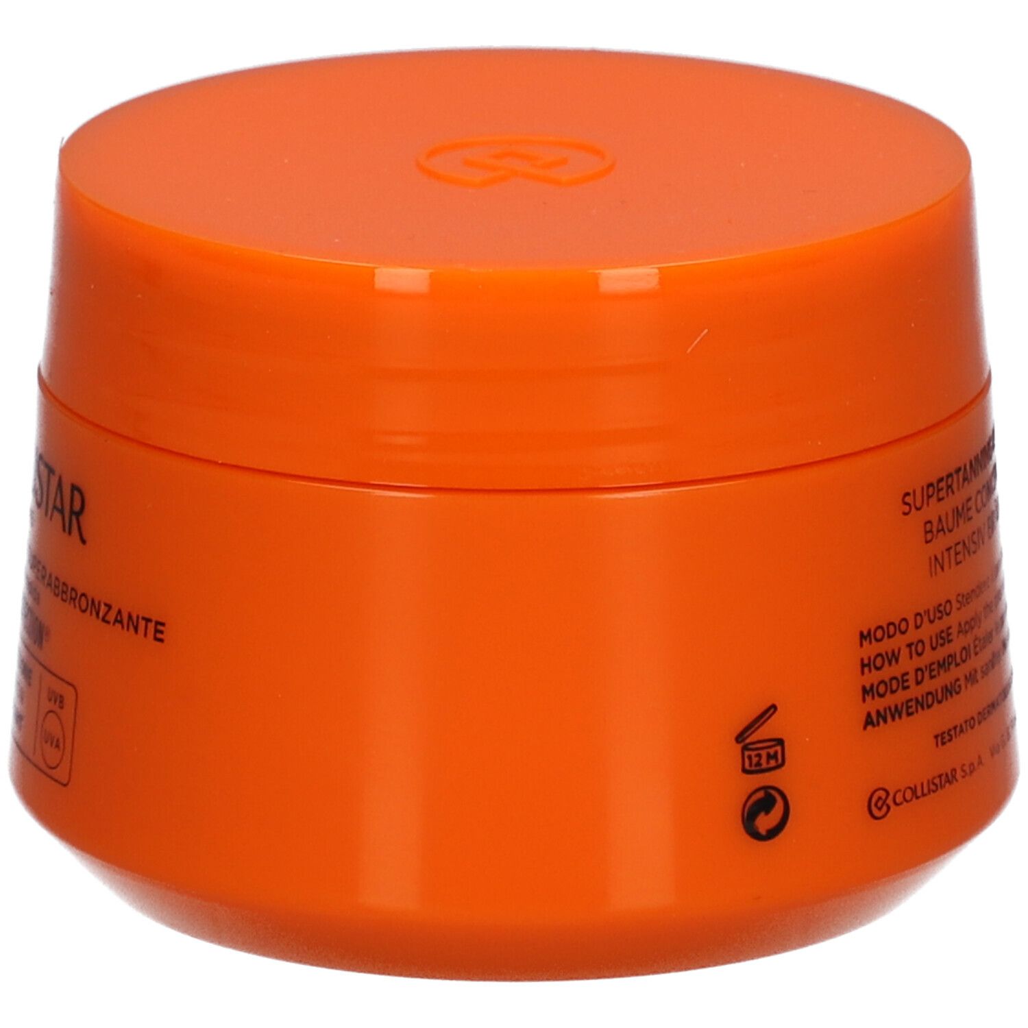 Oranje pot met deksel. Opschrift: Collistar, Supertanning Concentrated Unguent, dermatologisch getest.
