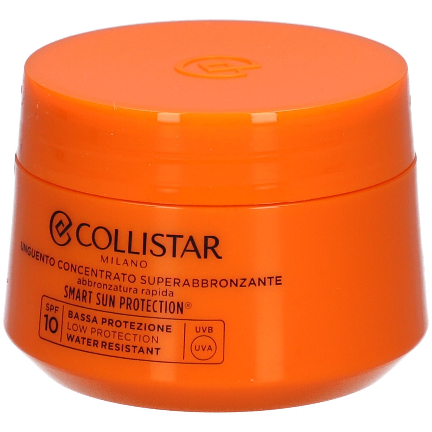 Oranje pot met deksel. Opschrift: Collistar, Unguento Concentrato Superabbronzante, SPF 10.