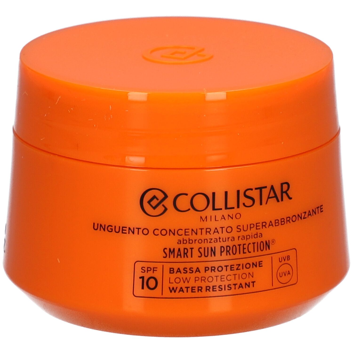 Oranje pot met deksel. Opschrift: Collistar, Unguento Concentrato Superabbronzante, SPF 10.