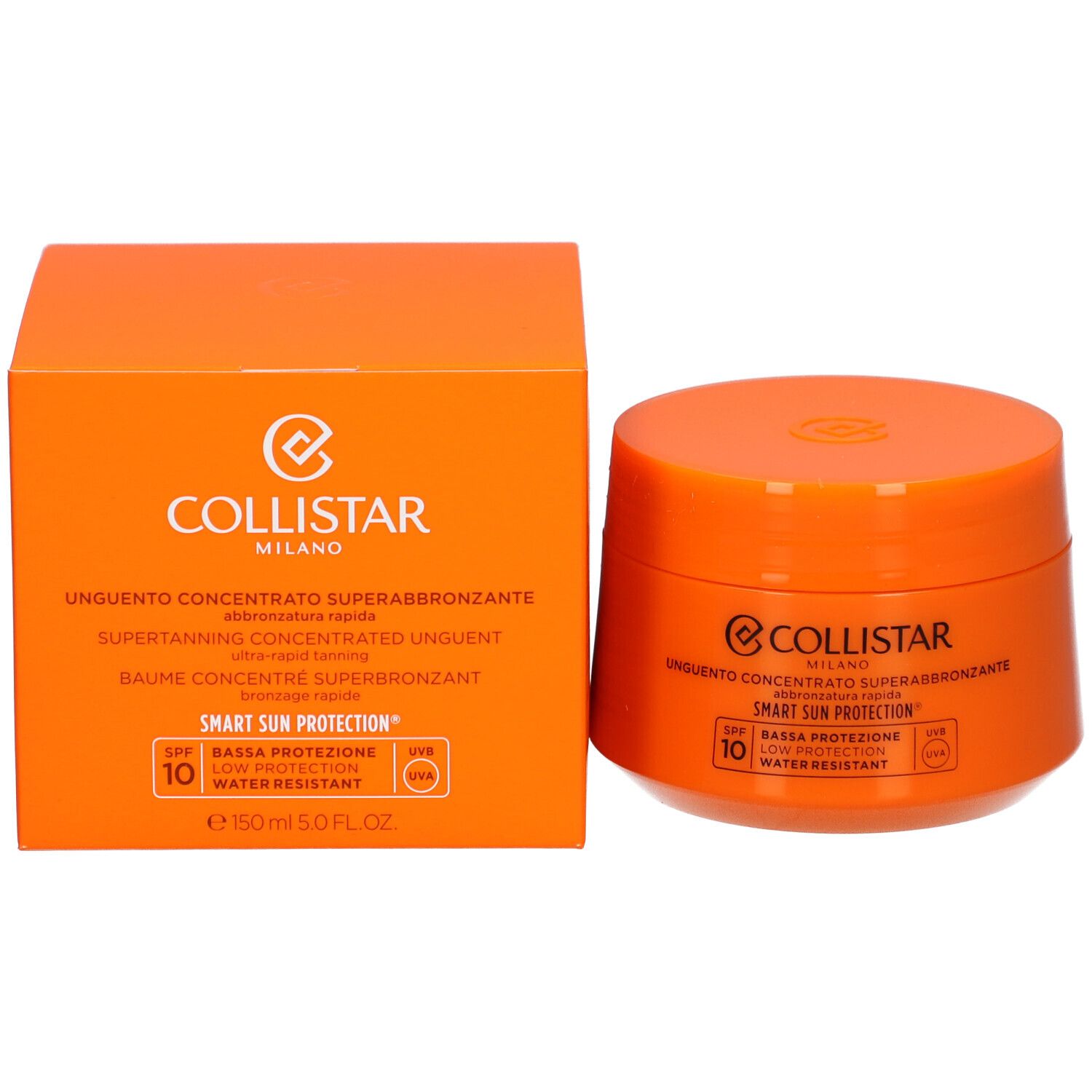 Oranje pot en doos. Opschrift: Collistar, Unguento Concentrato Superabbronzante, SPF 10, 150 ml.