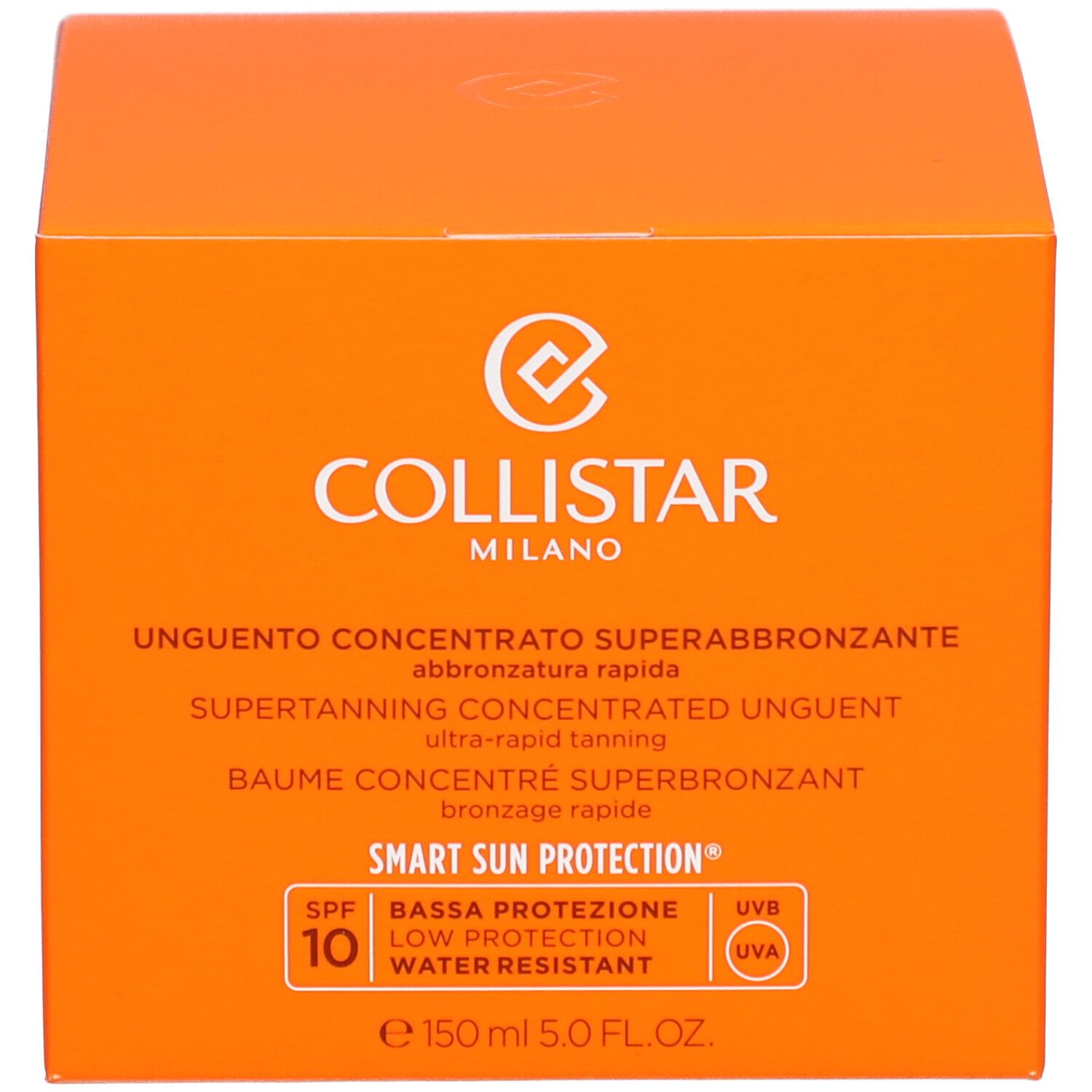 Oranje doos. Opschrift: Collistar, Unguento Concentrato Superabbronzante, SPF 10, 150 ml.