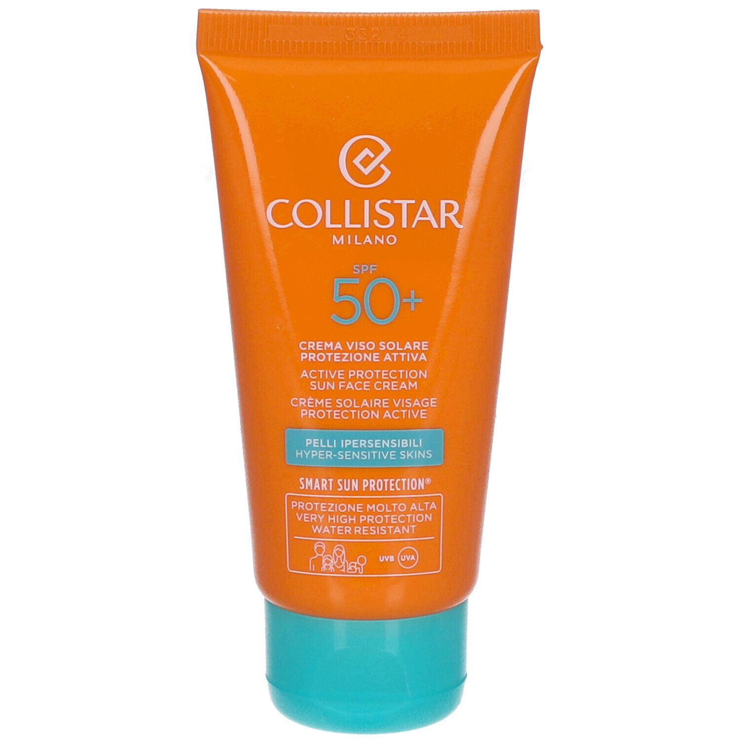 Orange Tube mit Sonnencreme. Text: Collistar, SPF 50+, Active Protection Sun Face Cream. Türkis Verschluss.
