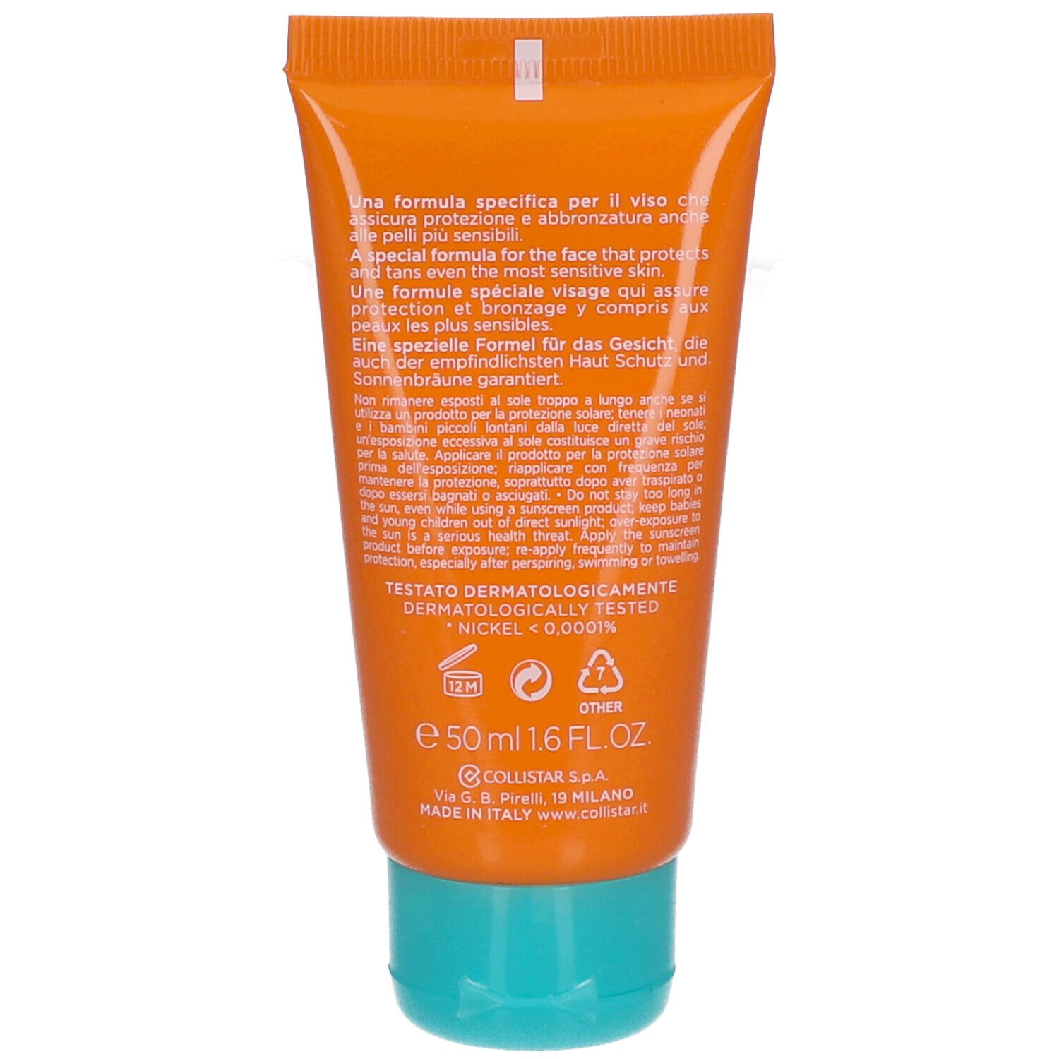 Rückseite der Sonnencreme-Tube. Text: Dermatologisch getestet, Nickel <0,0001%. 50 ml, 1.6 FL.OZ. Hergestellt in Italien.
