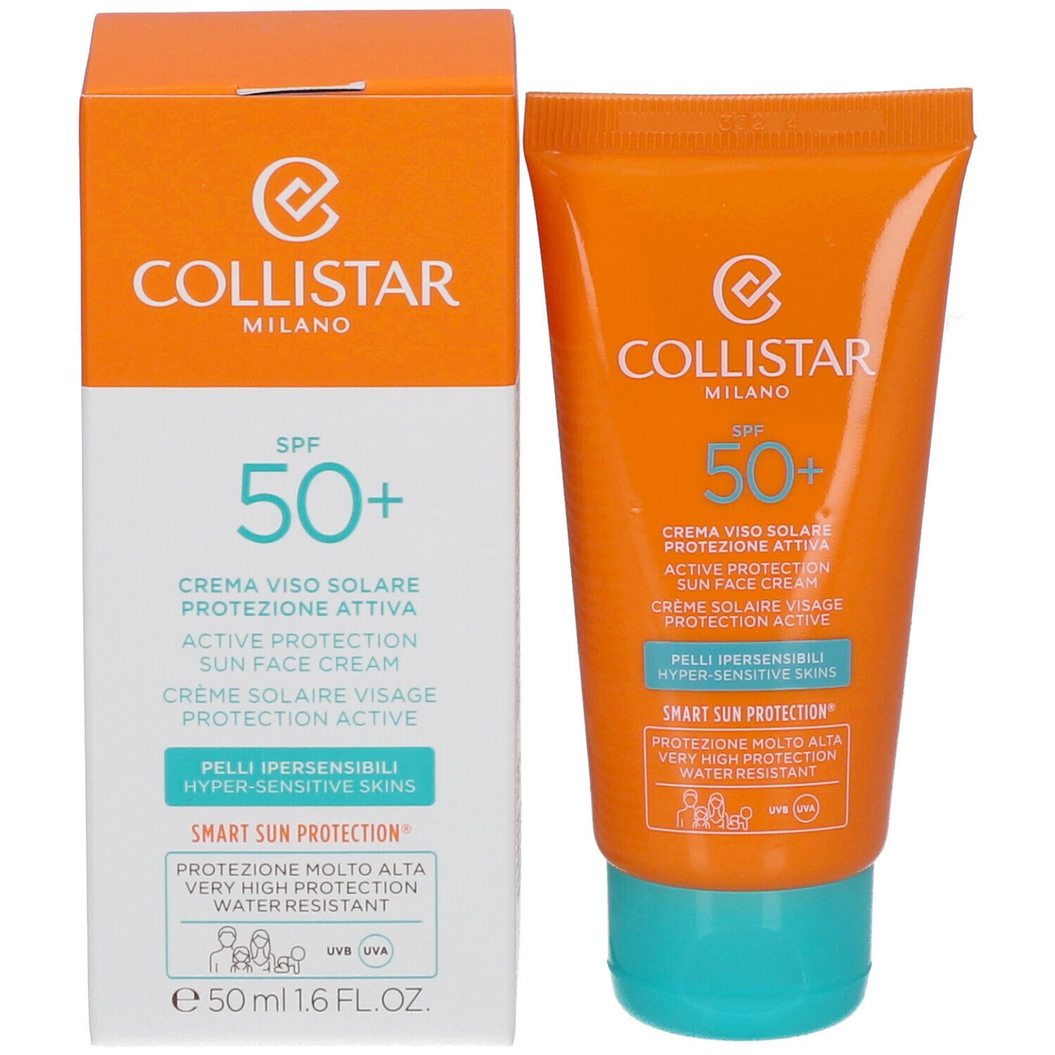 Sonnencreme-Tube und Schachtel. Text: Collistar, SPF 50+, Active Protection Sun Face Cream. 50 ml, 1.6 FL.OZ.