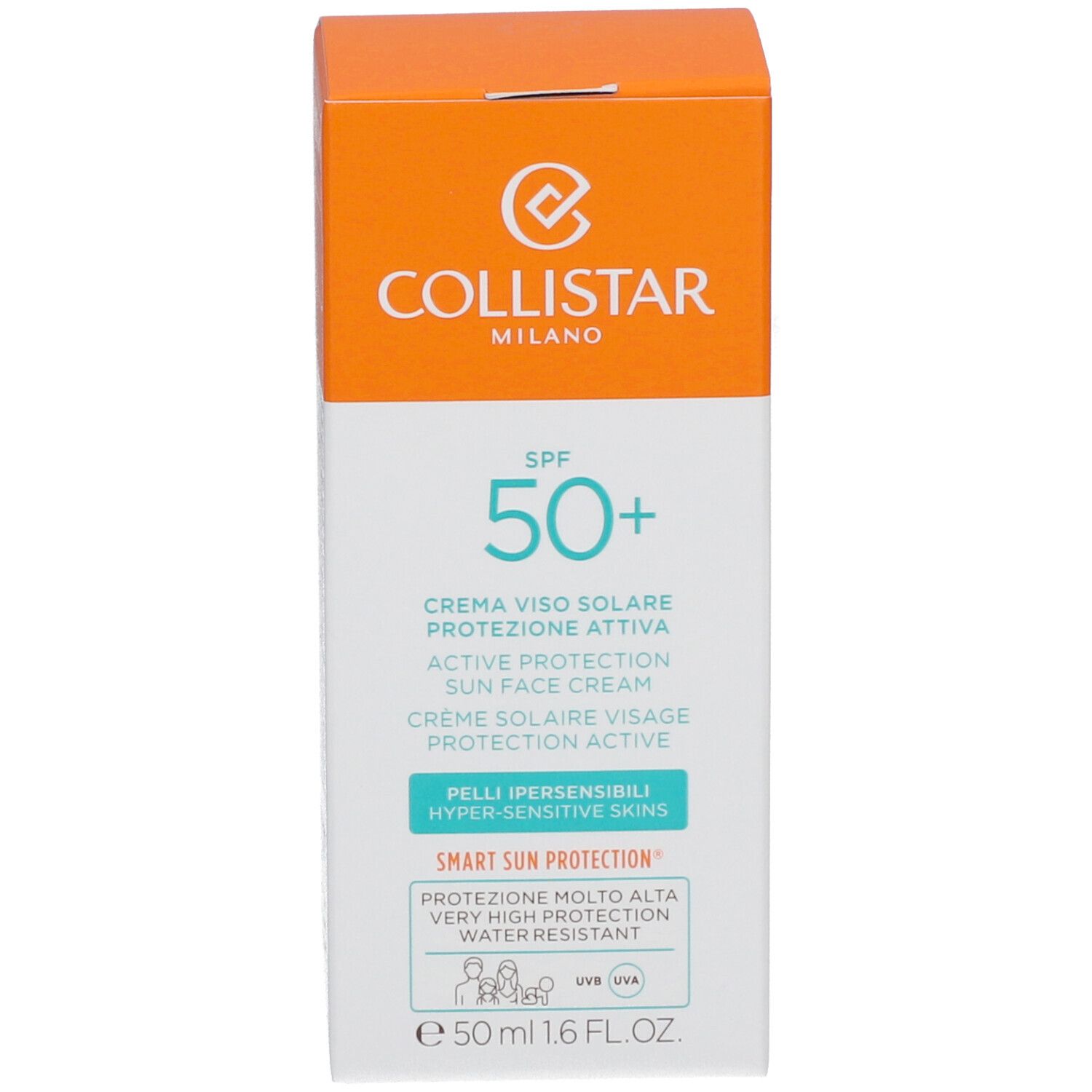 Schachtel mit Sonnencreme. Text: Collistar, SPF 50+, Active Protection Sun Face Cream. 50 ml, 1.6 FL.OZ.