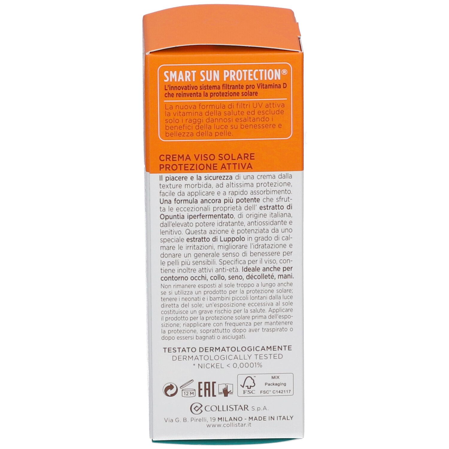 Rückseite der Sonnencreme-Schachtel. Text: Smart Sun Protection, Active Protection Sun Face Cream. Dermatologisch getestet.