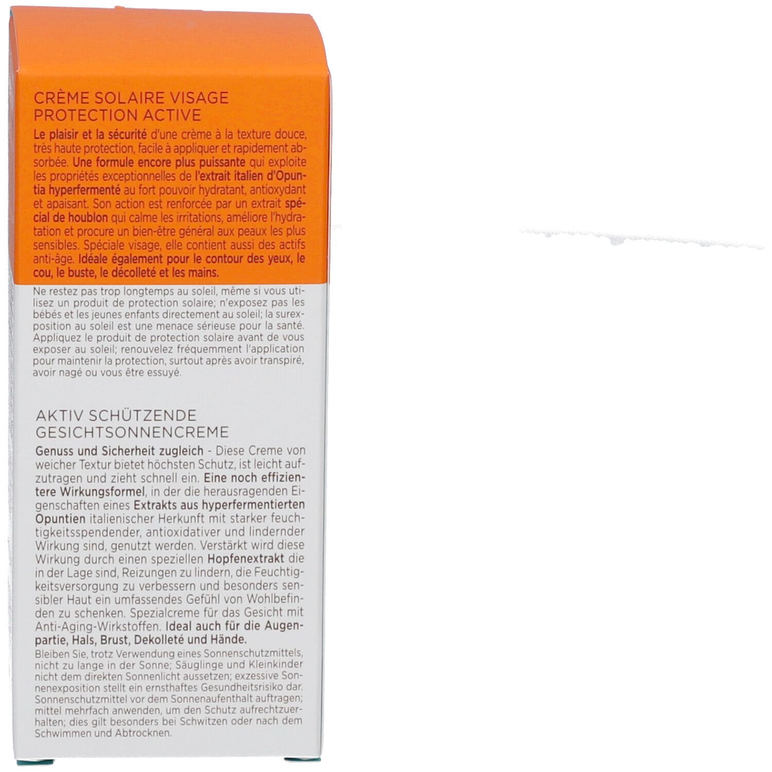 Seite der Sonnencreme-Schachtel. Text: Aktiv schützende Gesichtssonnencreme. Dermatologisch getestet. Nickel <0,0001%.
