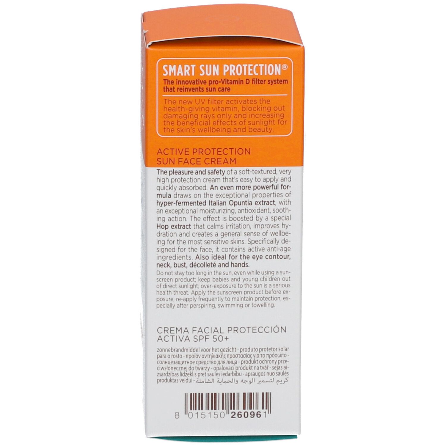 Seite der Sonnencreme-Schachtel. Text: Smart Sun Protection, Active Protection Sun Face Cream. Inhaltsstoffe.