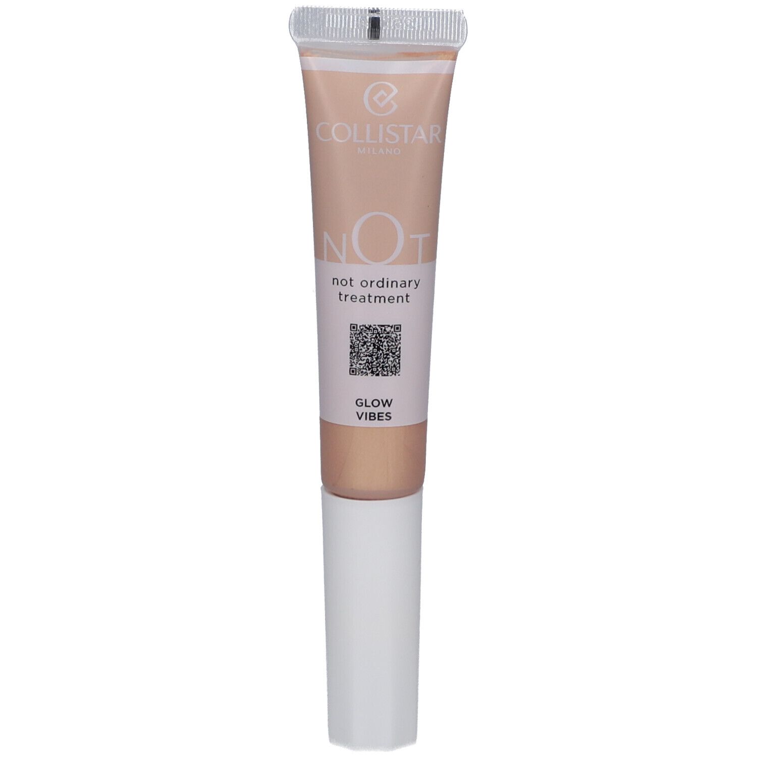 Collistar NOT Glow Vibes. Tube mit Applikator. Beige Farbton. Text und QR-Code auf dem Tube.