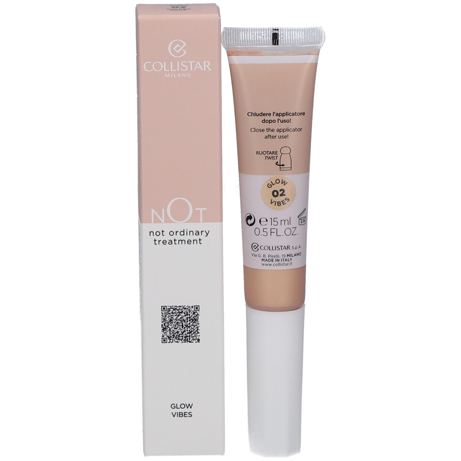 Collistar NOT Glow Vibes 02 Golden Hour. Tube und Verpackung. Beige Farbton. Text auf beiden.