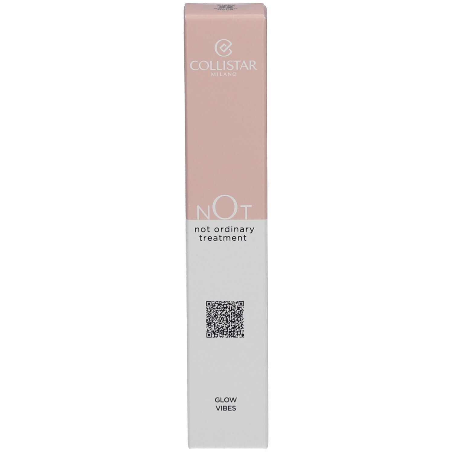 Collistar NOT Glow Vibes Verpackung. Rosa-weiß. Text und QR-Code. Marke oben.