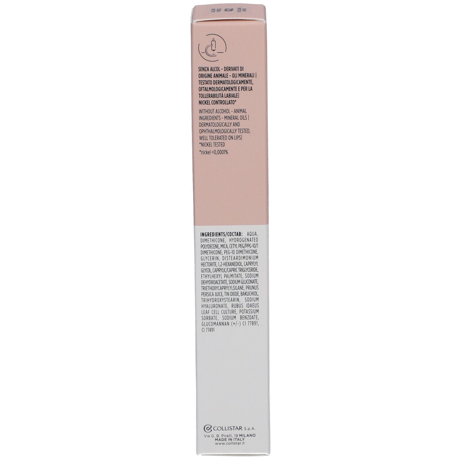 Verpackung Collistar NOT Glow Vibes. Text über Inhaltsstoffe und Zertifizierungen. Rosa-weiß.