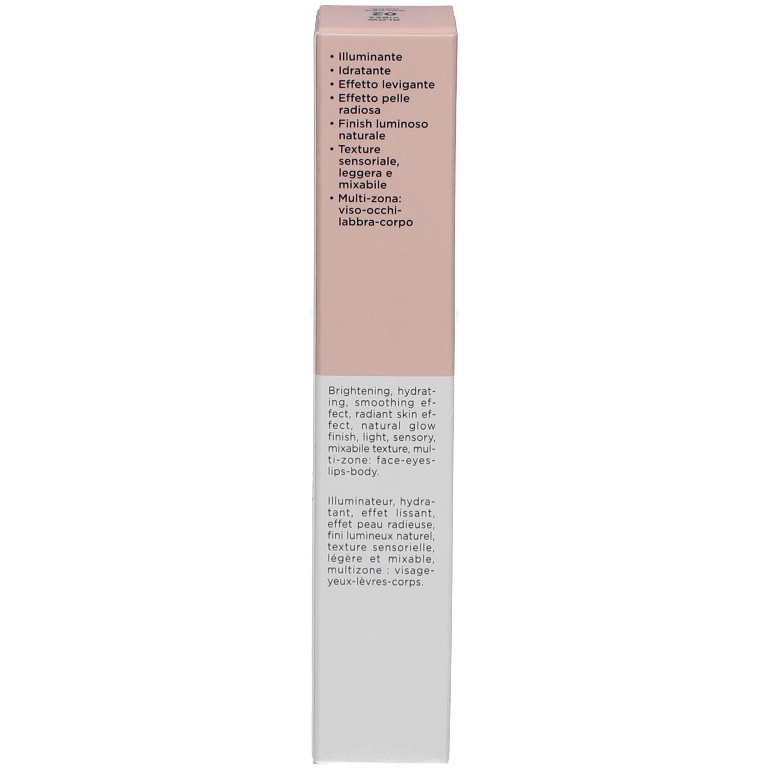 Verpackung Collistar NOT Glow Vibes. Text über Eigenschaften. Rosa-weiß.