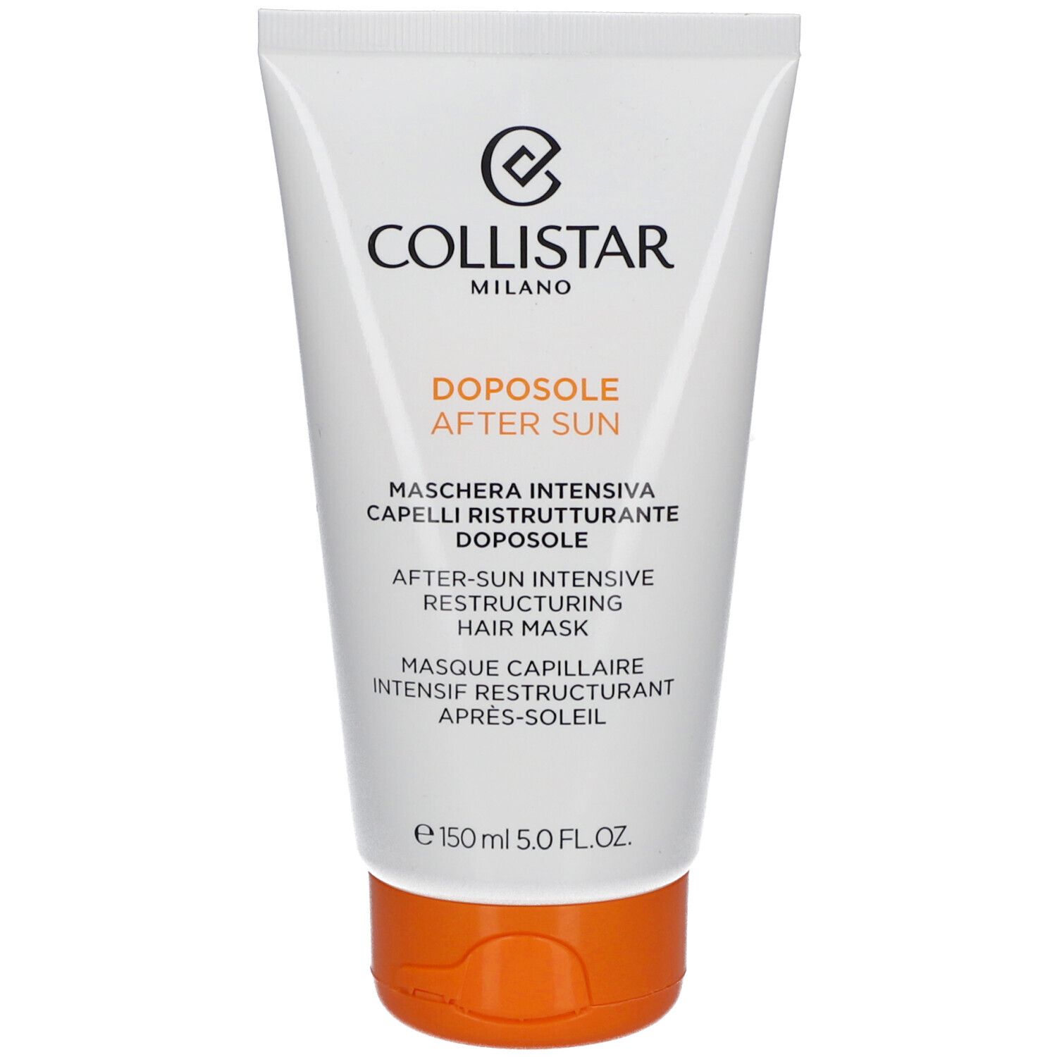 Weiße Tube mit orangefarbenem Verschluss. Text: Collistar, After Sun, Haarmaske. Volumen: 150 ml.