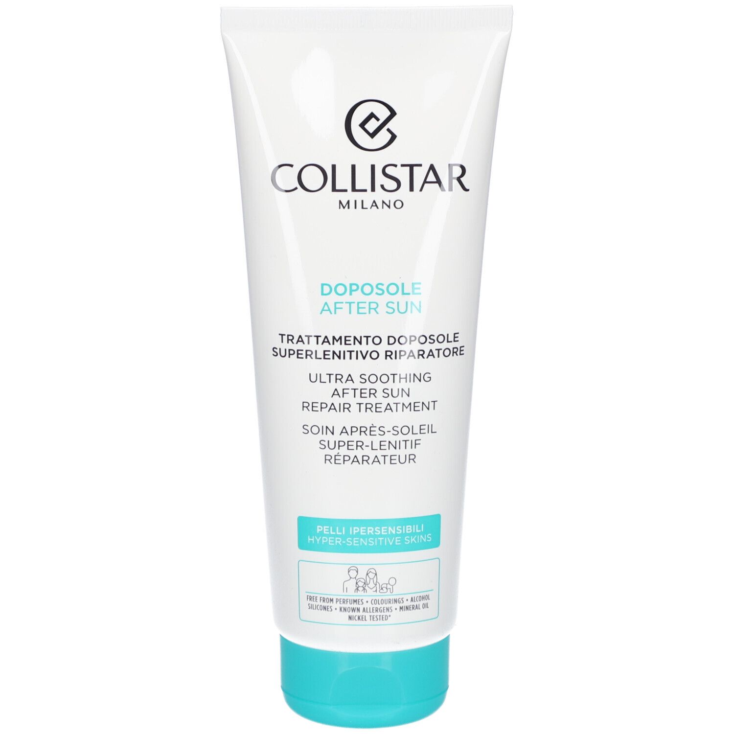 Weiße Tube mit türkisfarbenem Verschluss. Aufschrift: Collistar, After Sun, Ultra Soothing Repair Treatment. Für hypersensible Haut.
